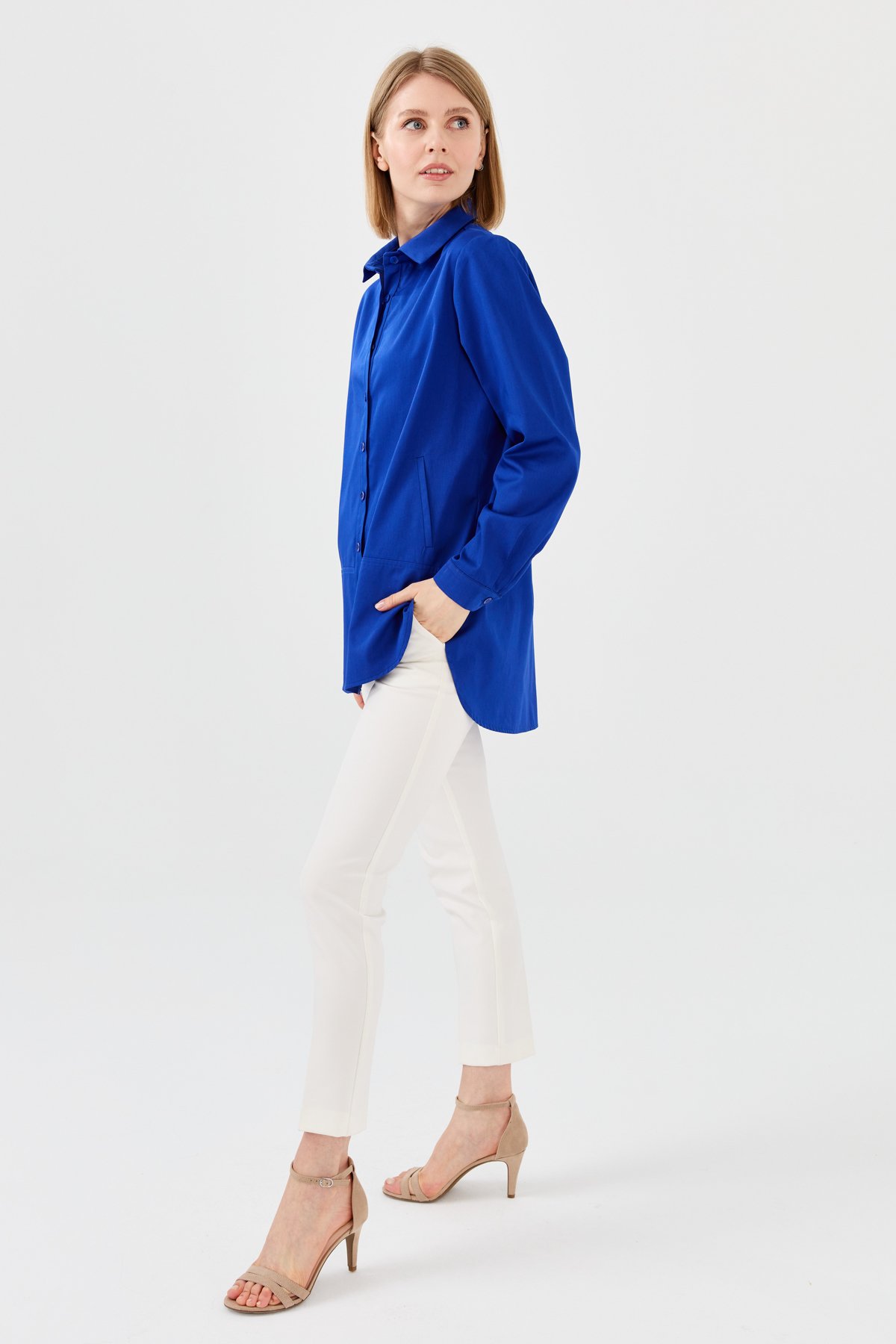 23853Kadın Cepli Saten Gömlek Saks