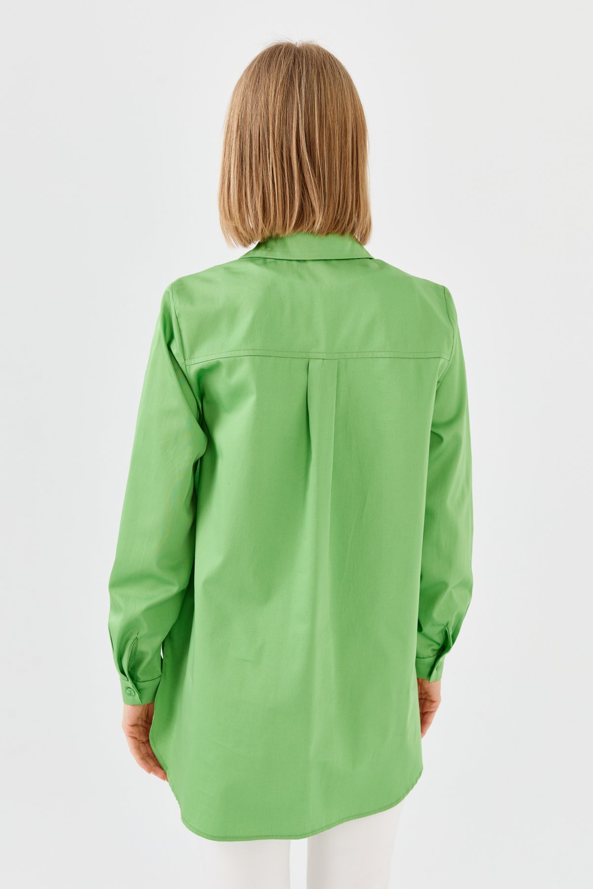 23853Kadın Cepli Saten Gömlek Yeşil