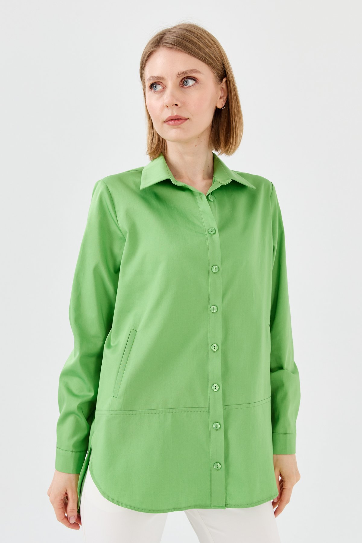 23853Kadın Cepli Saten Gömlek Yeşil