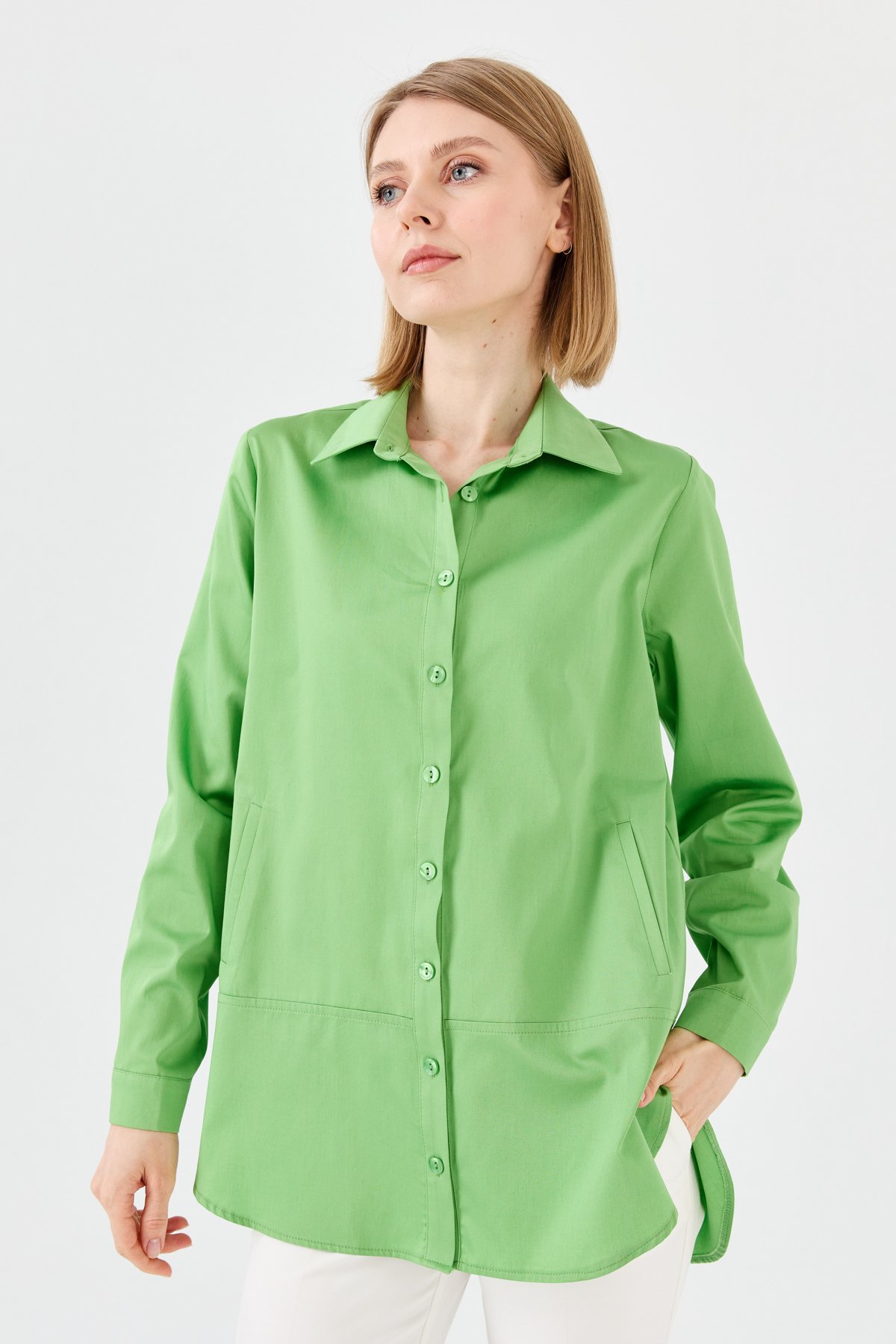 23853Kadın Cepli Saten Gömlek Yeşil