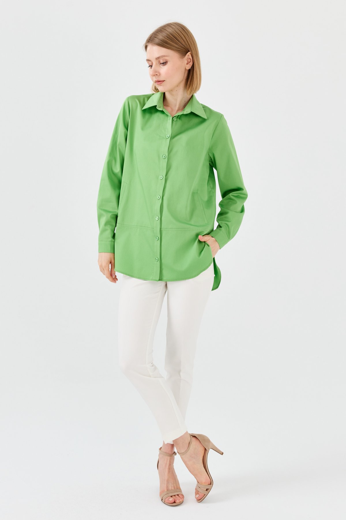 23853Kadın Cepli Saten Gömlek Yeşil