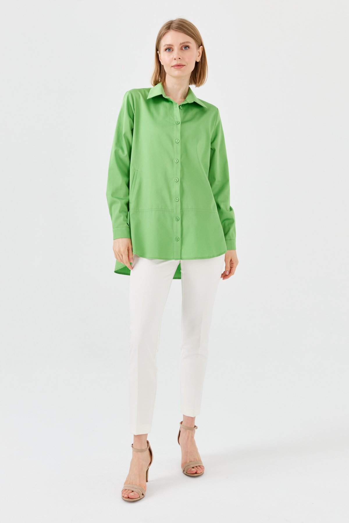 23853Kadın Cepli Saten Gömlek Yeşil
