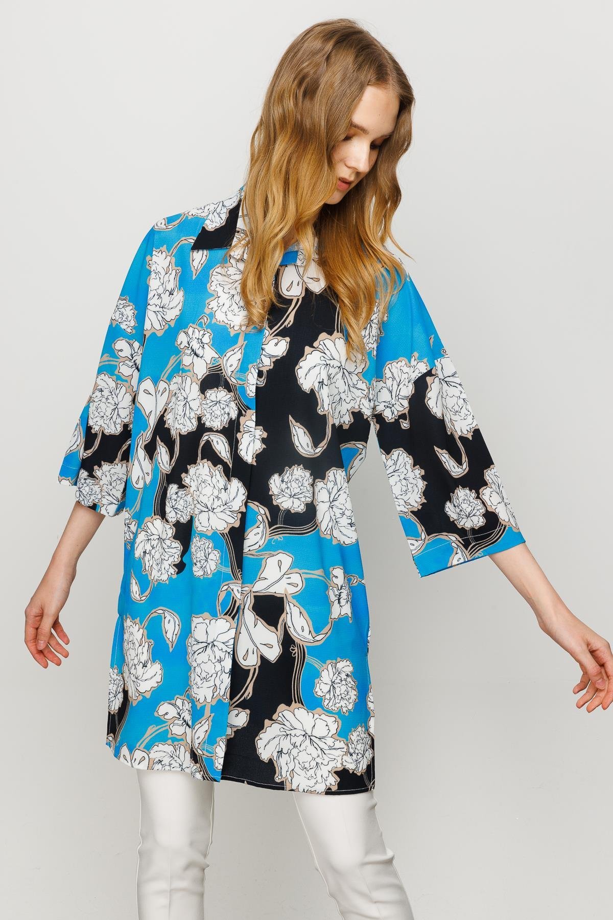 23481Kadın Çiçek Desenli Uzun Gömlek Saks