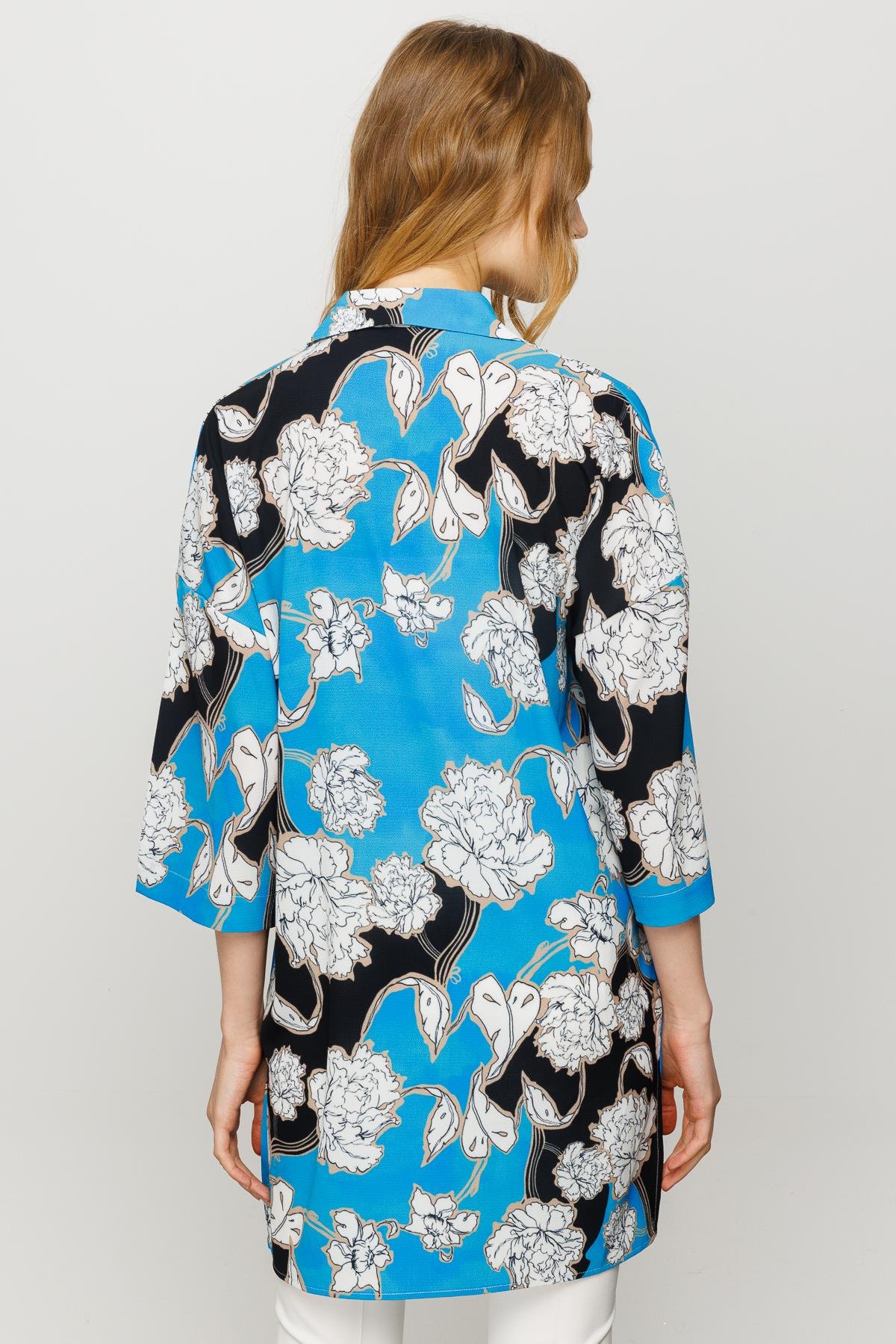 23481Kadın Çiçek Desenli Uzun Gömlek Saks