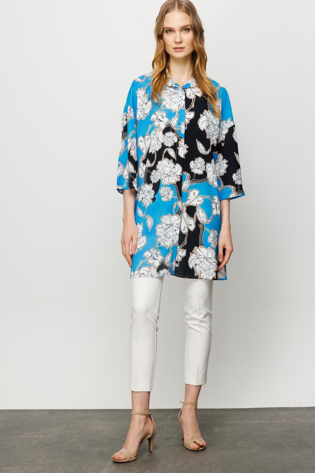 23481Kadın Çiçek Desenli Uzun Gömlek Saks