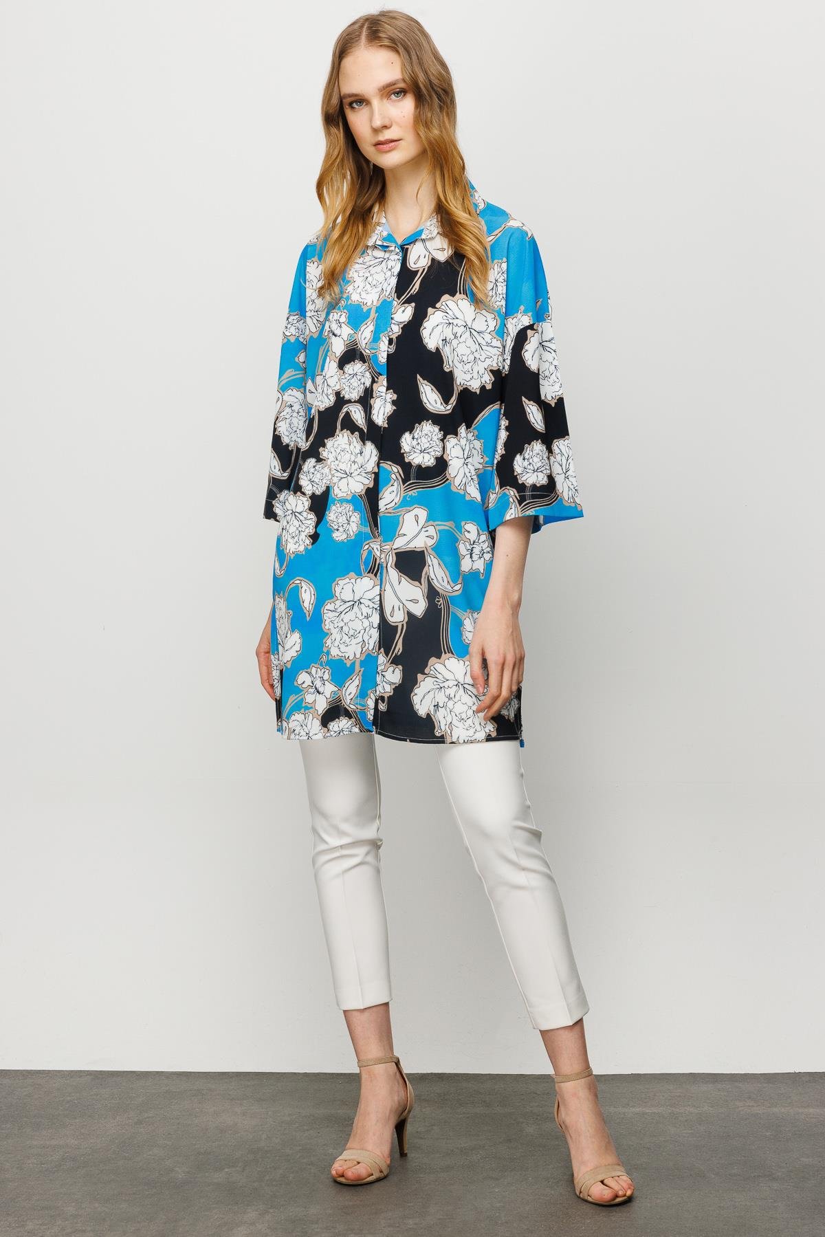 23481Kadın Çiçek Desenli Uzun Gömlek Saks