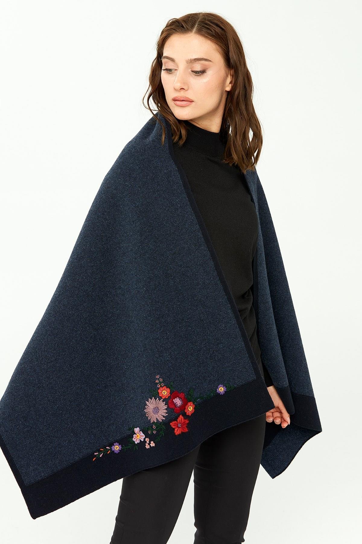 23154Kadın Çiçek İşlemeli Triko Şal K.Lacivert