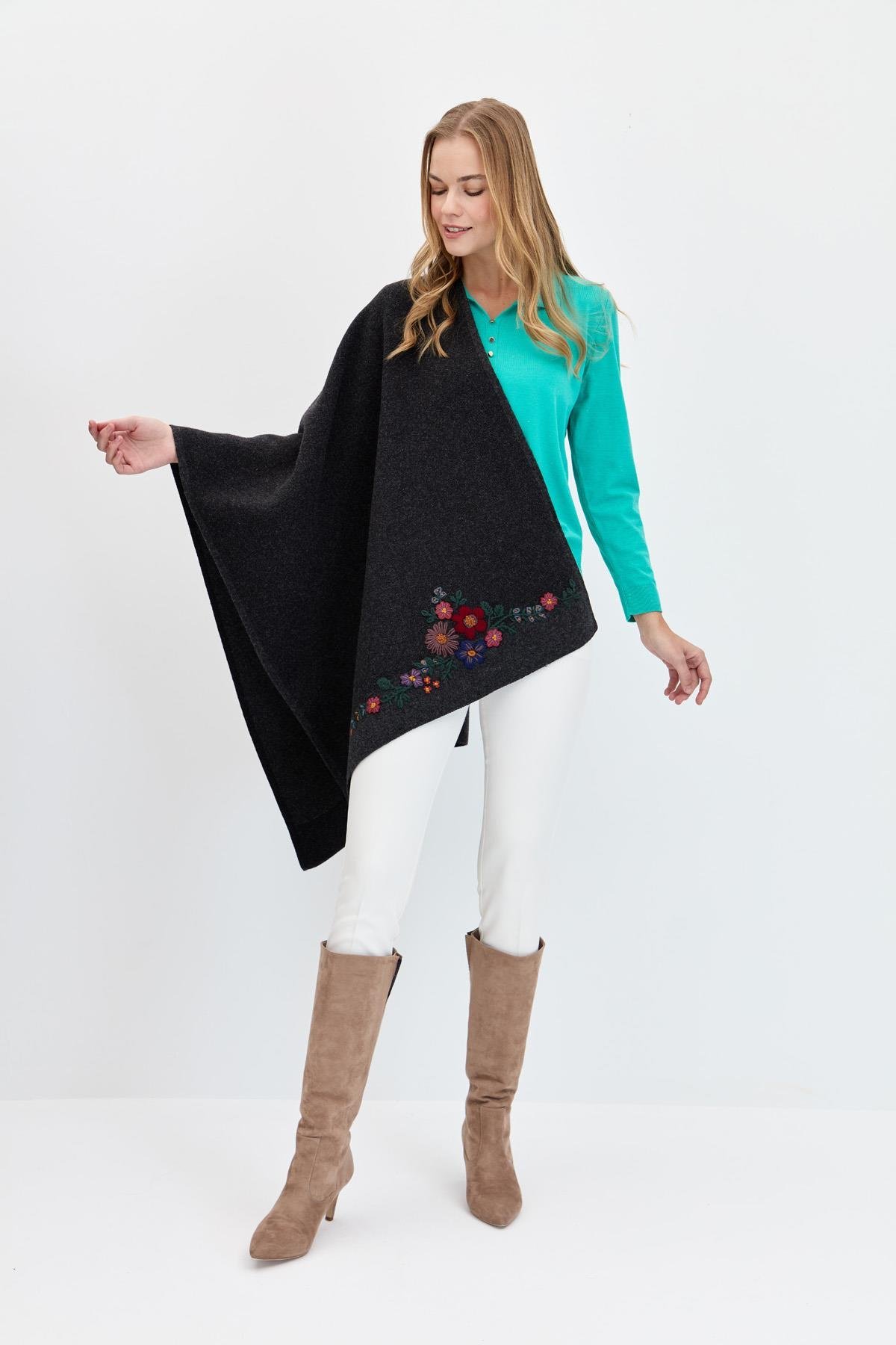 23154Kadın Çiçek İşlemeli Triko Şal K.Füme