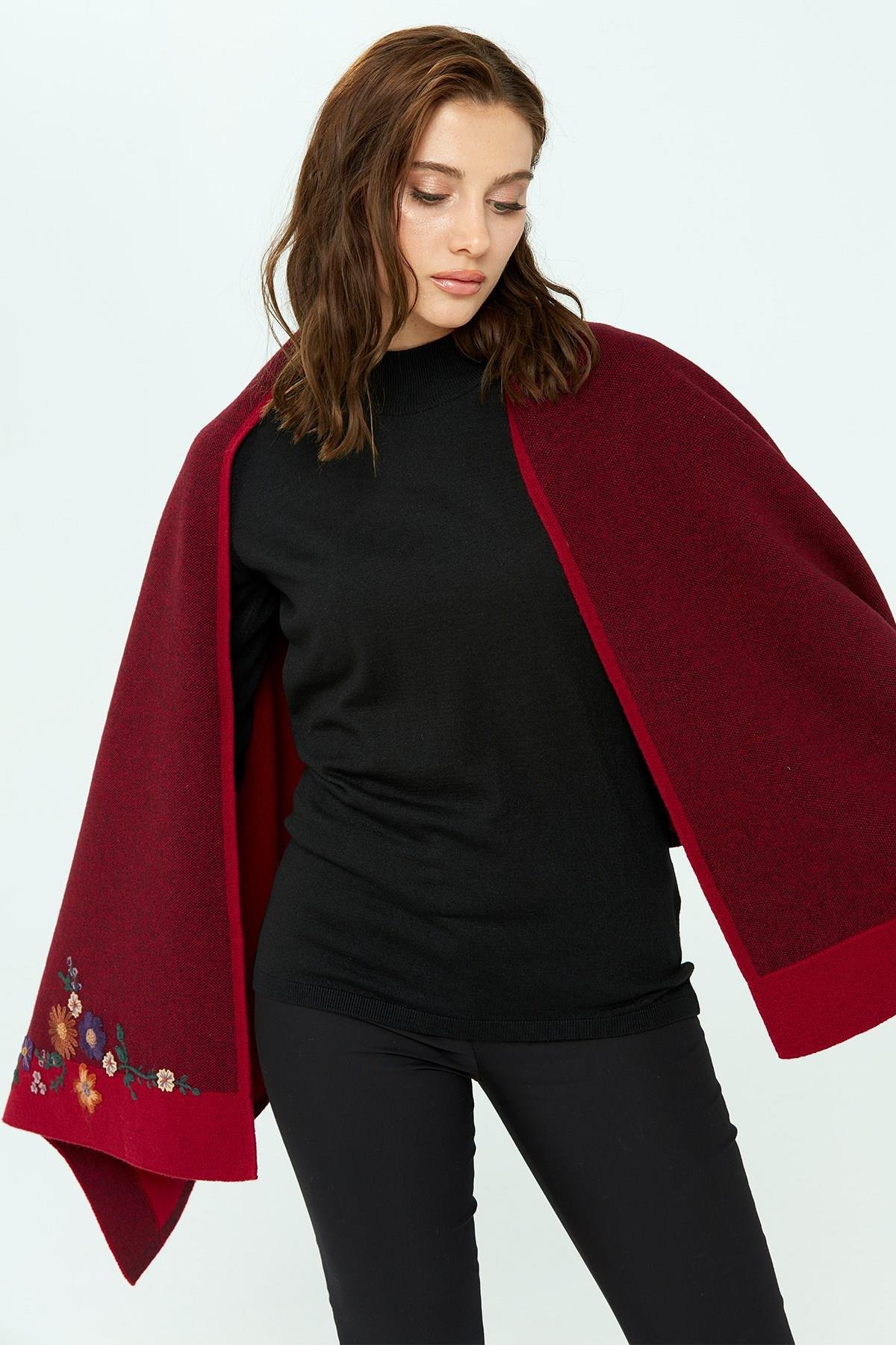 23154Kadın Çiçek İşlemeli Triko Şal V.Çürüğü