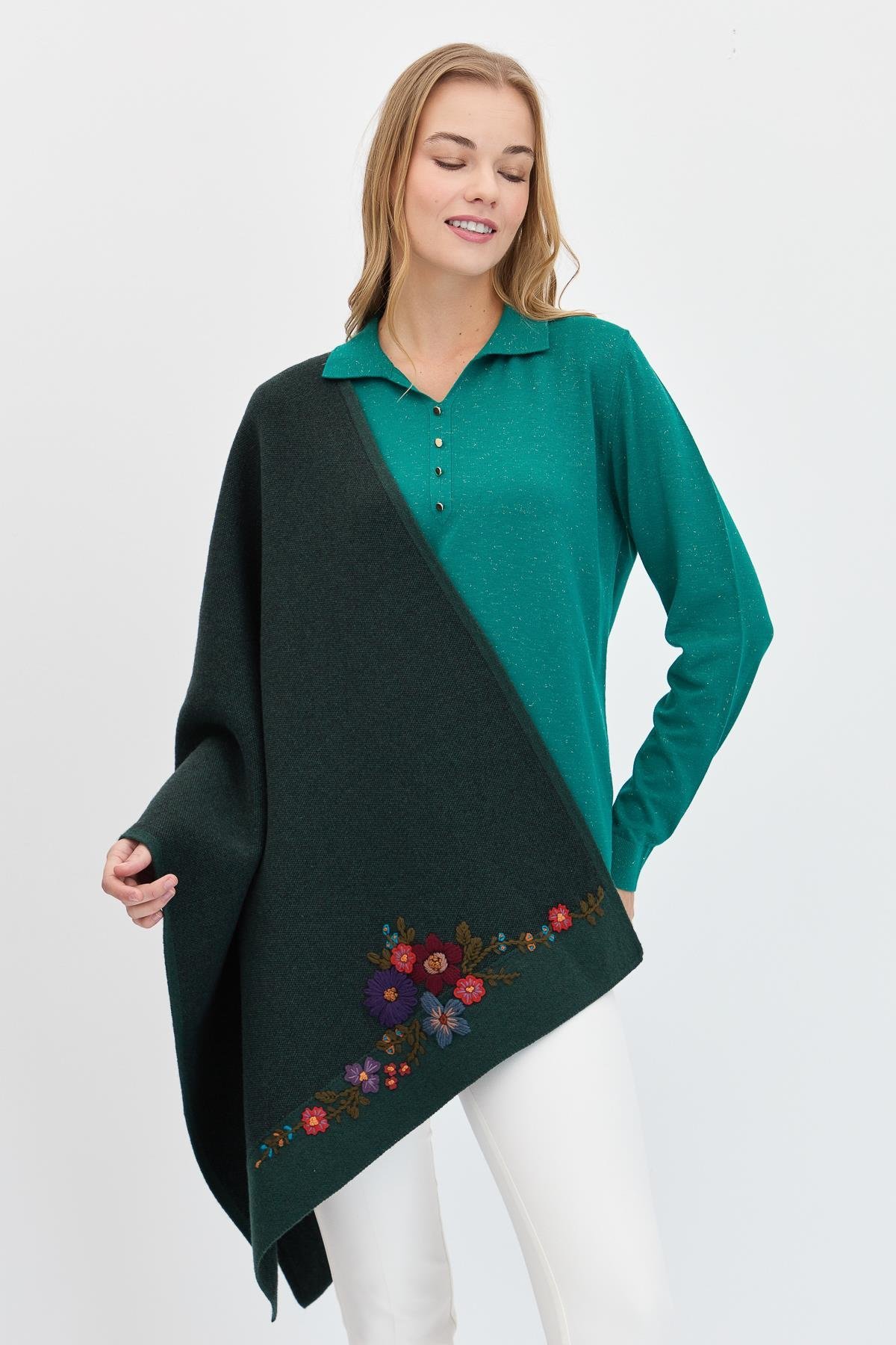 23154Kadın Çiçek İşlemeli Triko Şal Yeşil