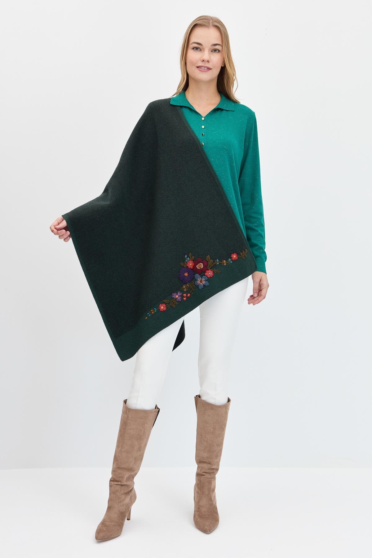 23154Kadın Çiçek İşlemeli Triko Şal Yeşil