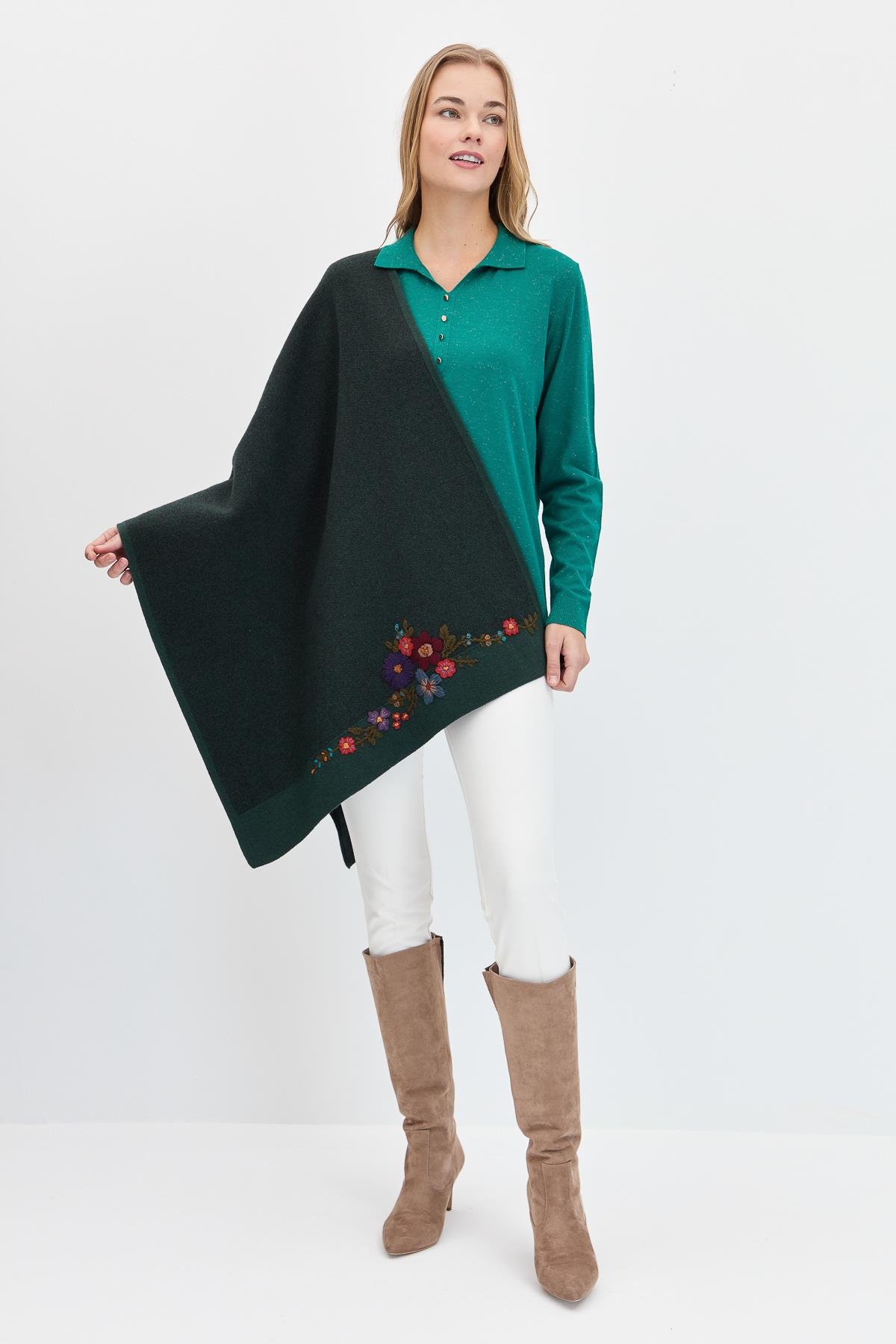 23154Kadın Çiçek İşlemeli Triko Şal Yeşil