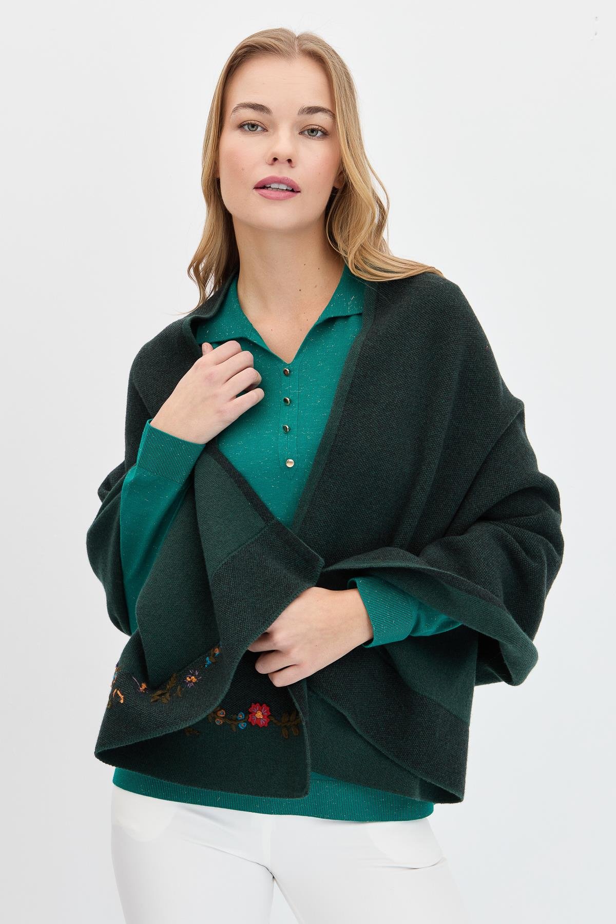 23154Kadın Çiçek İşlemeli Triko Şal Yeşil