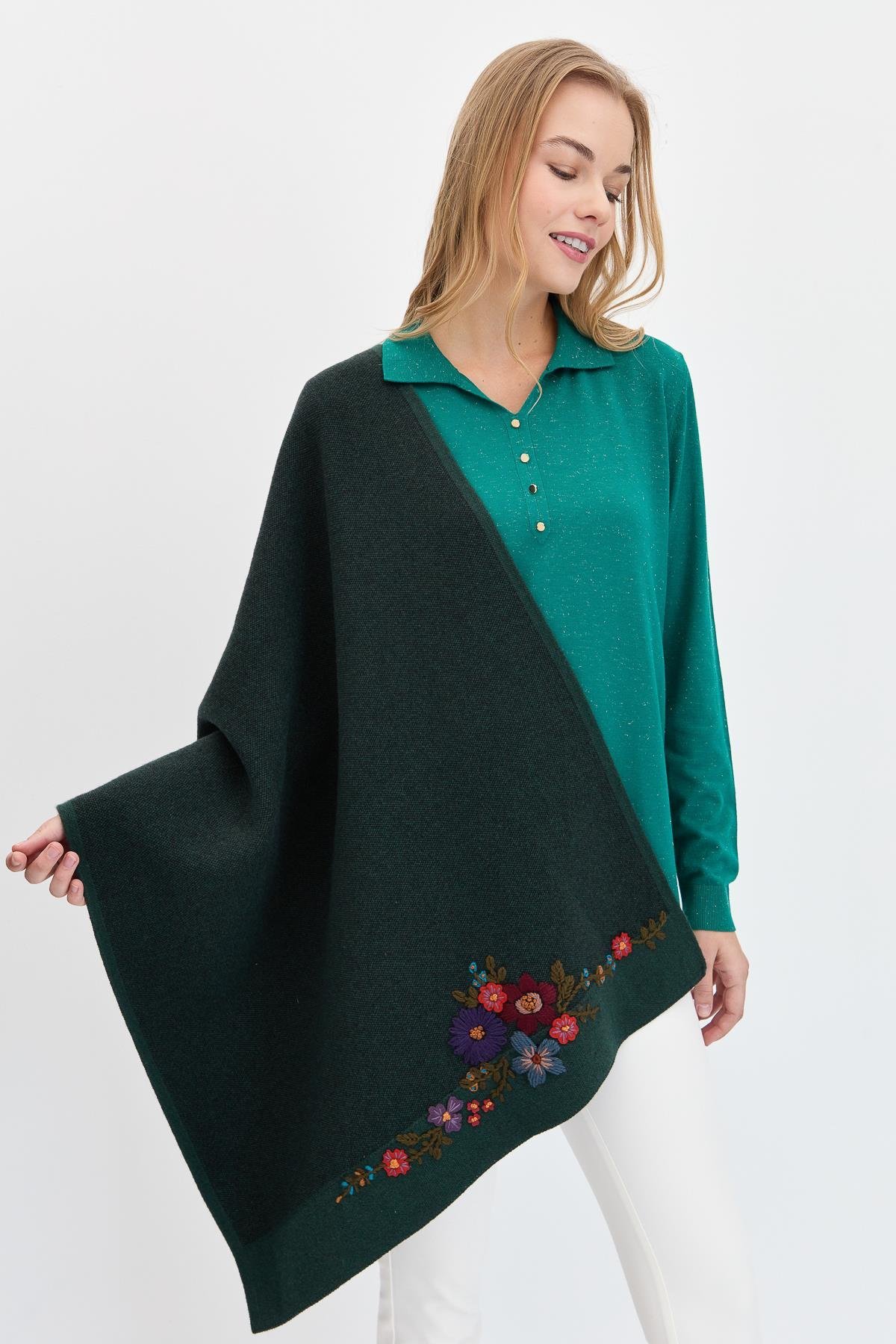 23154Kadın Çiçek İşlemeli Triko Şal Yeşil
