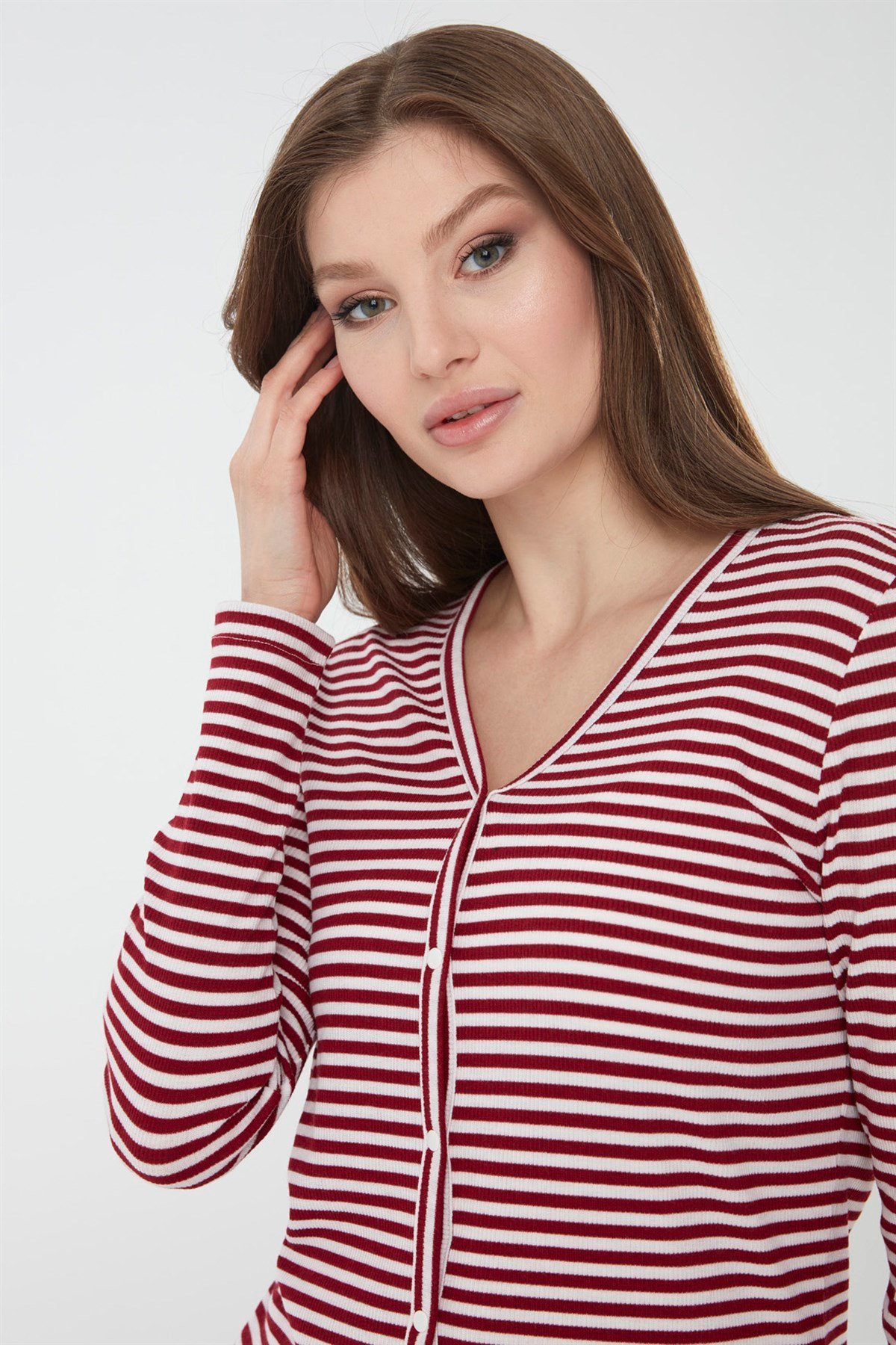 21741Kadın Çizgili Penye Hırka Kırmızı