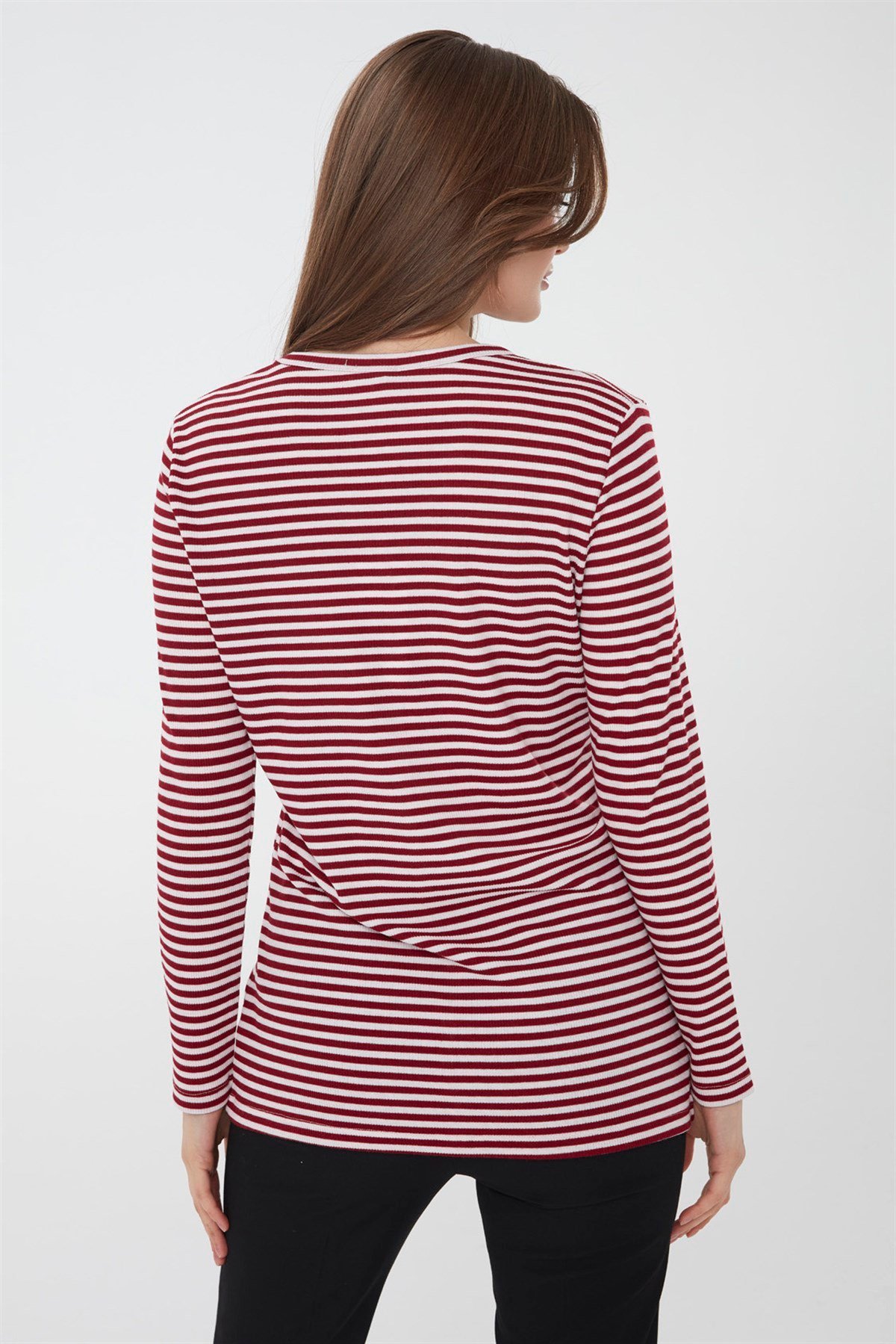 21741Kadın Çizgili Penye Hırka Kırmızı