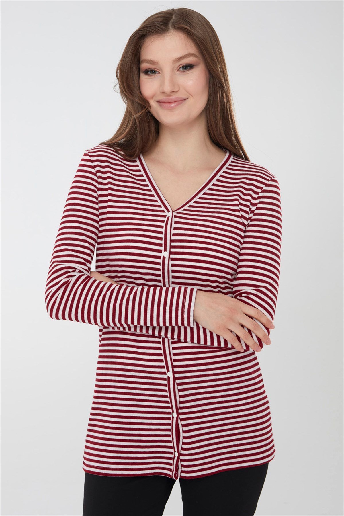 21741Kadın Çizgili Penye Hırka Kırmızı