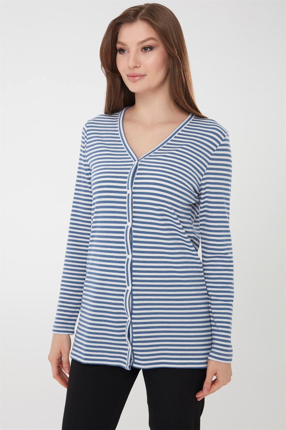 21741Kadın Çizgili Penye Hırka Mavi