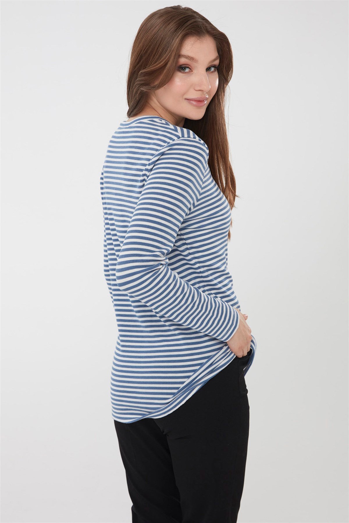 21741Kadın Çizgili Penye Hırka Mavi