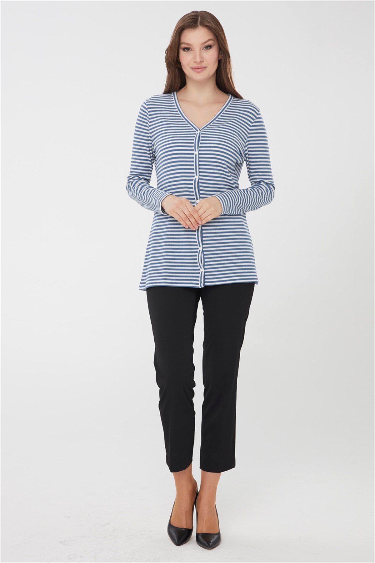 21741Kadın Çizgili Penye Hırka Mavi