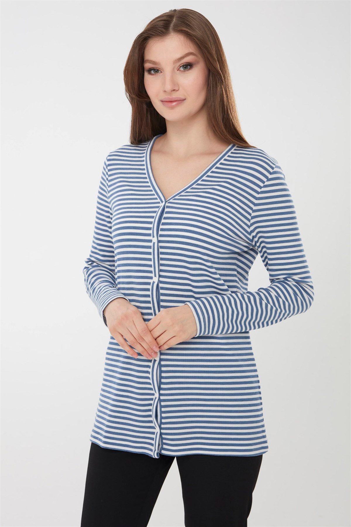 21741Kadın Çizgili Penye Hırka Mavi