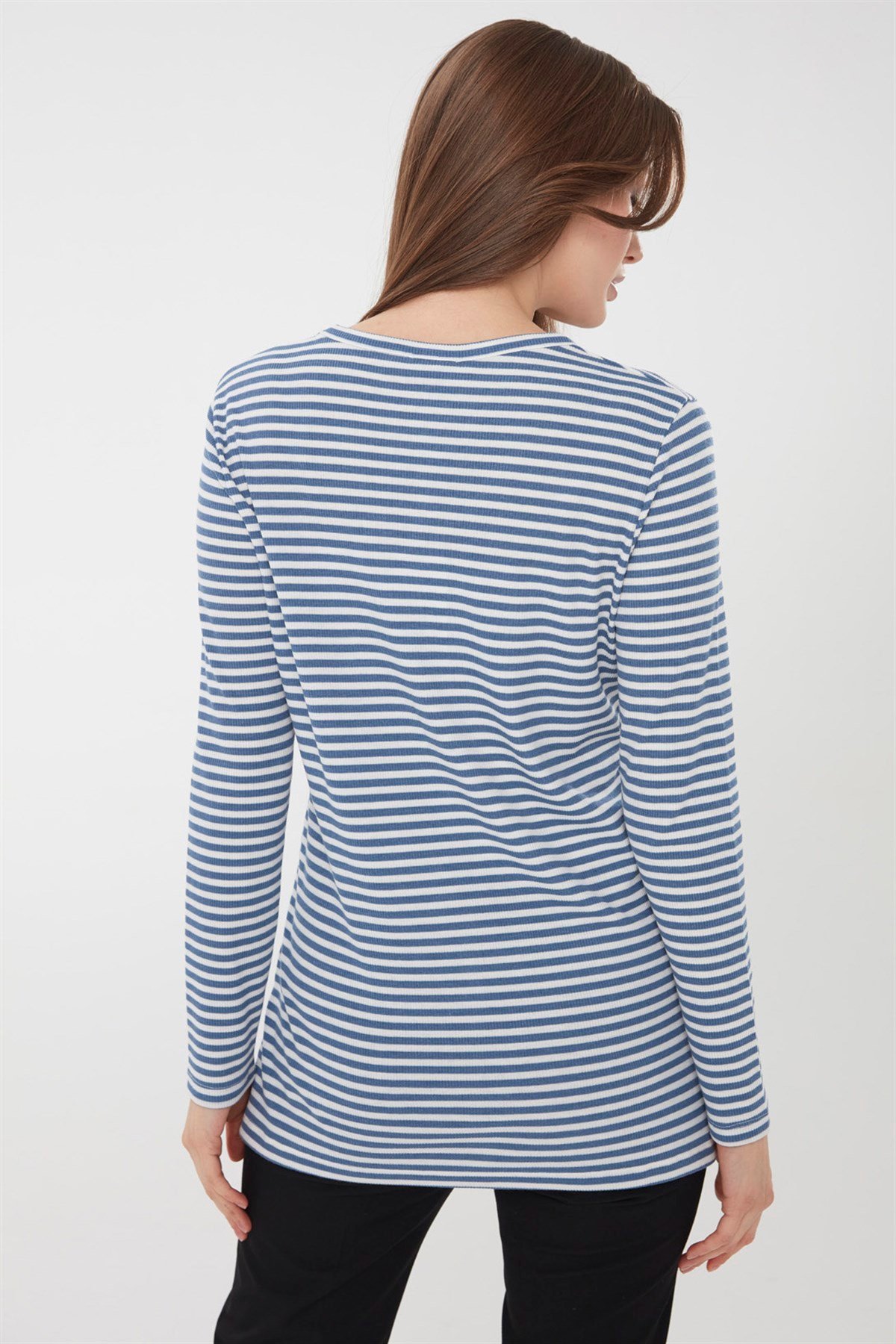 21741Kadın Çizgili Penye Hırka Mavi