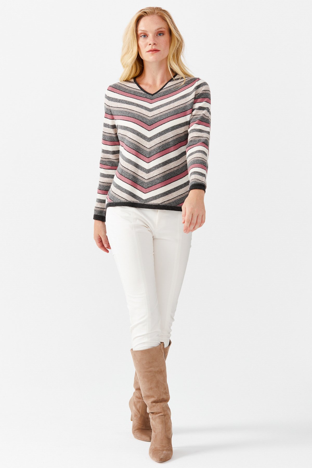 22294Женский шерстяной свитер с V-образным вырезом темно-серый