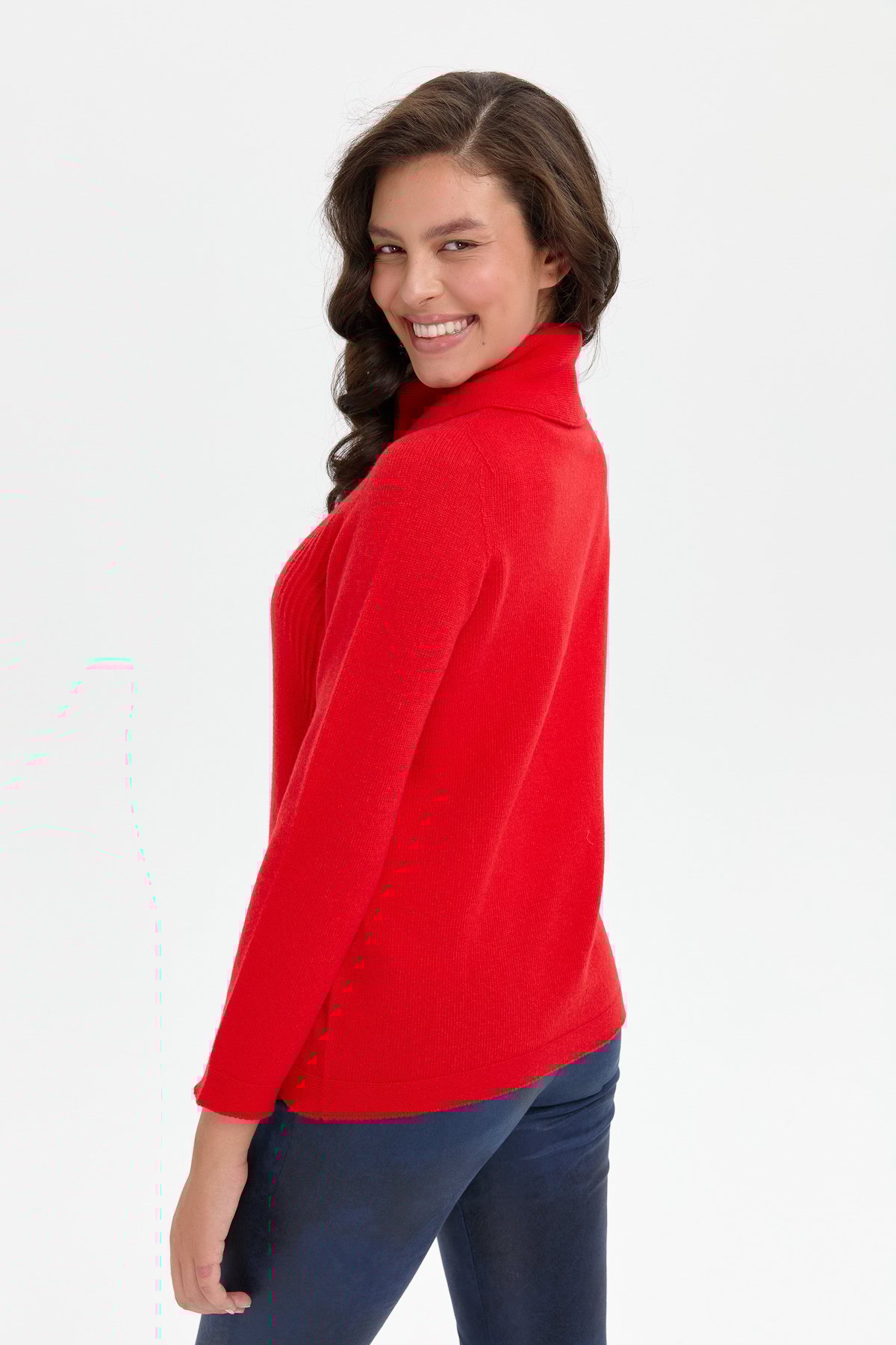 24200Kadın Degaje Yaka Dikişsiz Önü Selanik Yün Kazak Mercan