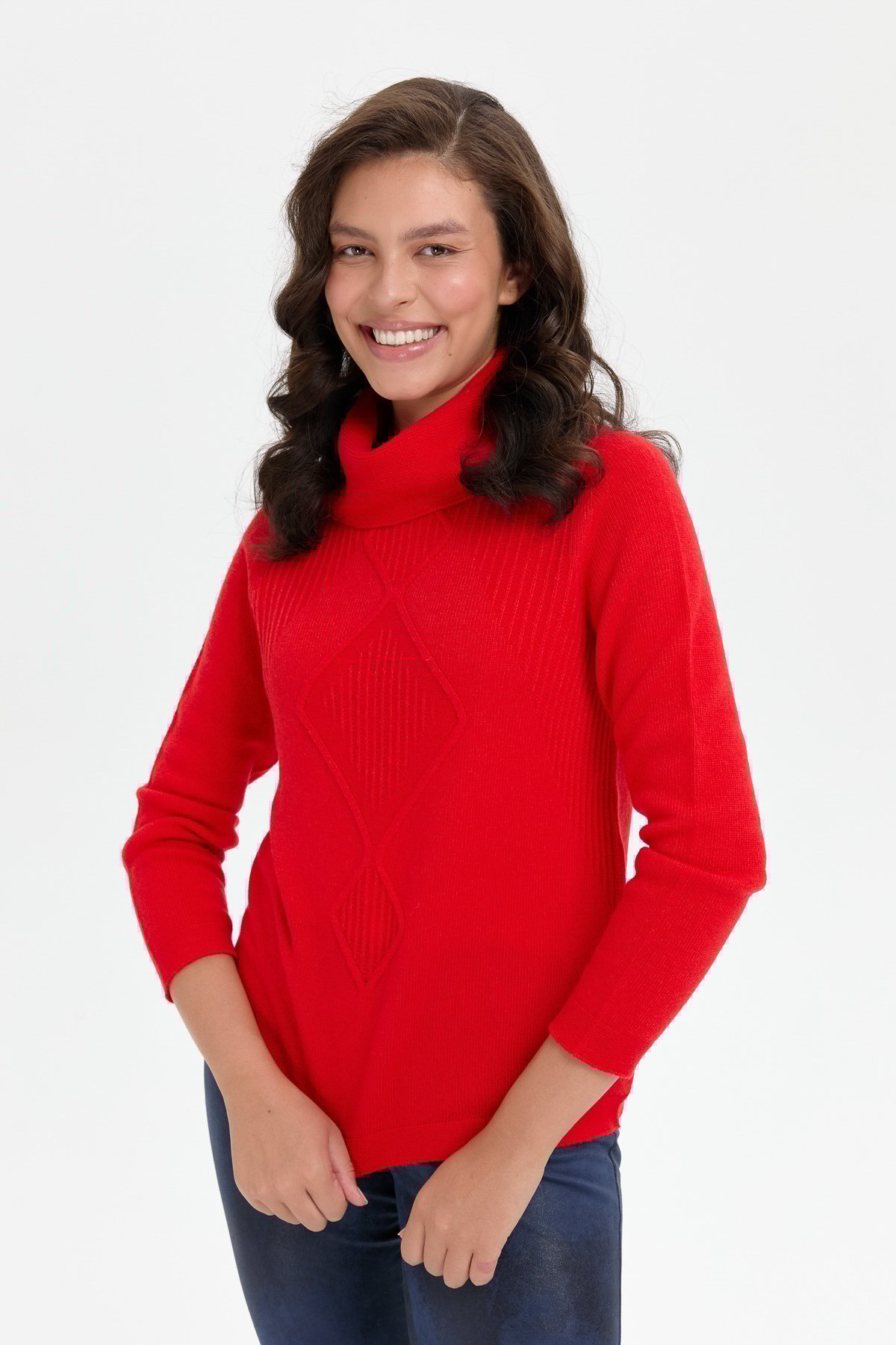 24200Kadın Degaje Yaka Dikişsiz Önü Selanik Yün Kazak Mercan