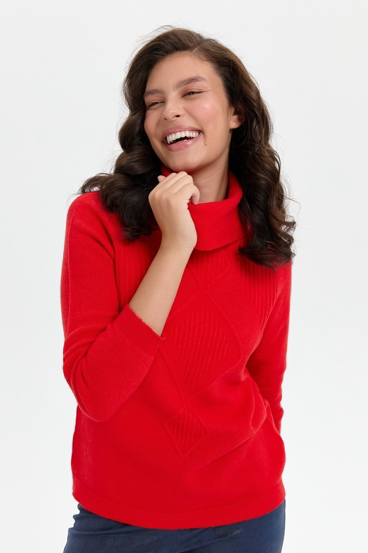 24200Kadın Degaje Yaka Dikişsiz Önü Selanik Yün Kazak Mercan