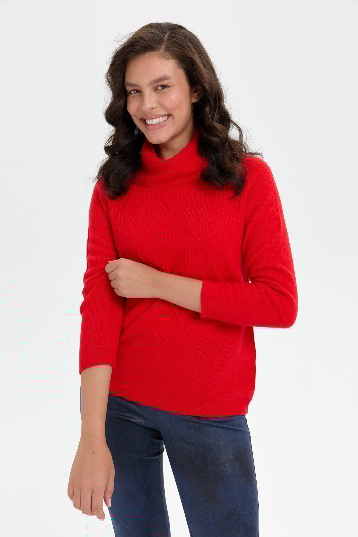 24200Kadın Degaje Yaka Dikişsiz Önü Selanik Yün Kazak Mercan