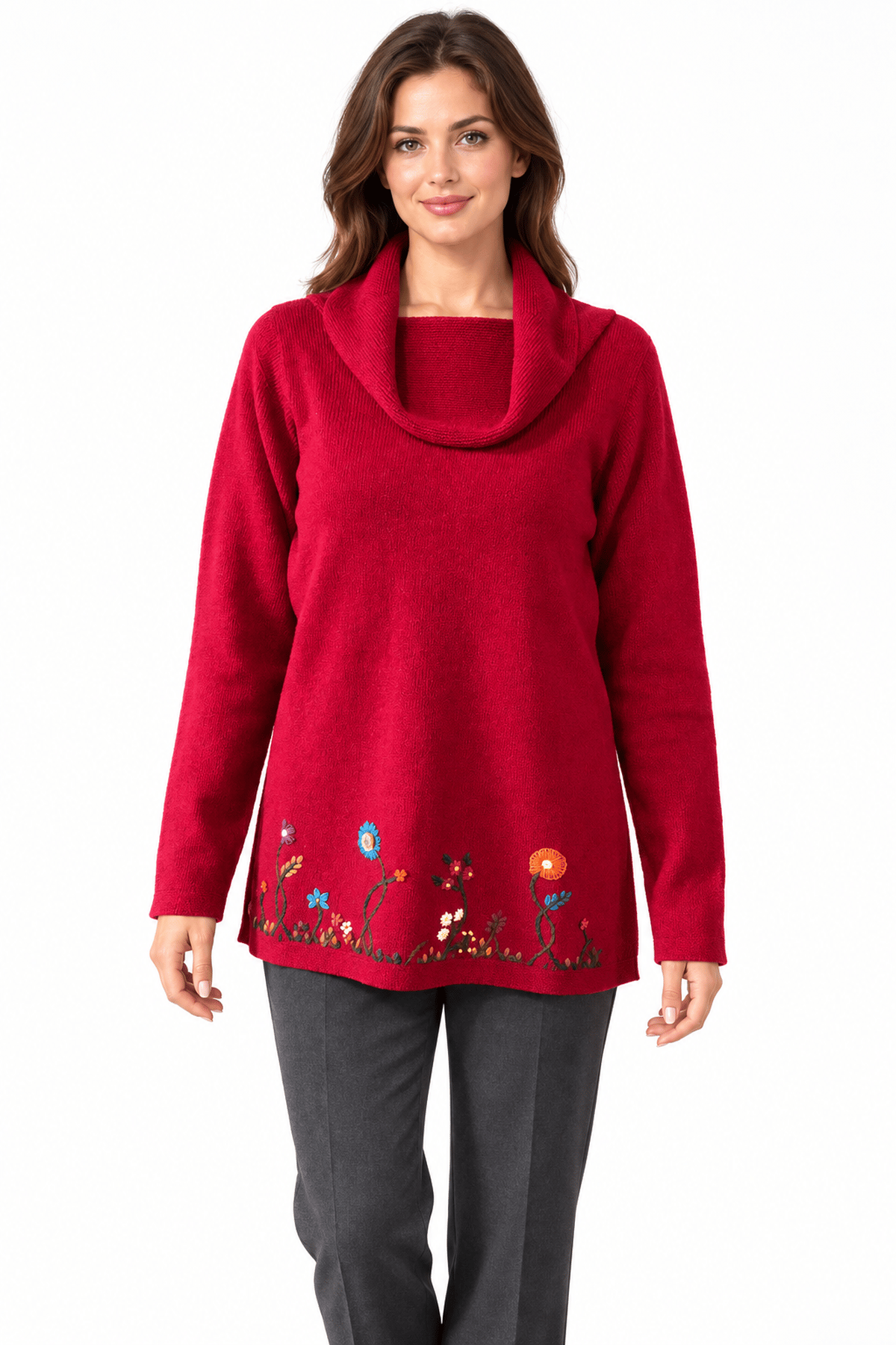 22084Women's Sweater With A Collar Neckline And Floral Embroidery At The Bottom Cherry