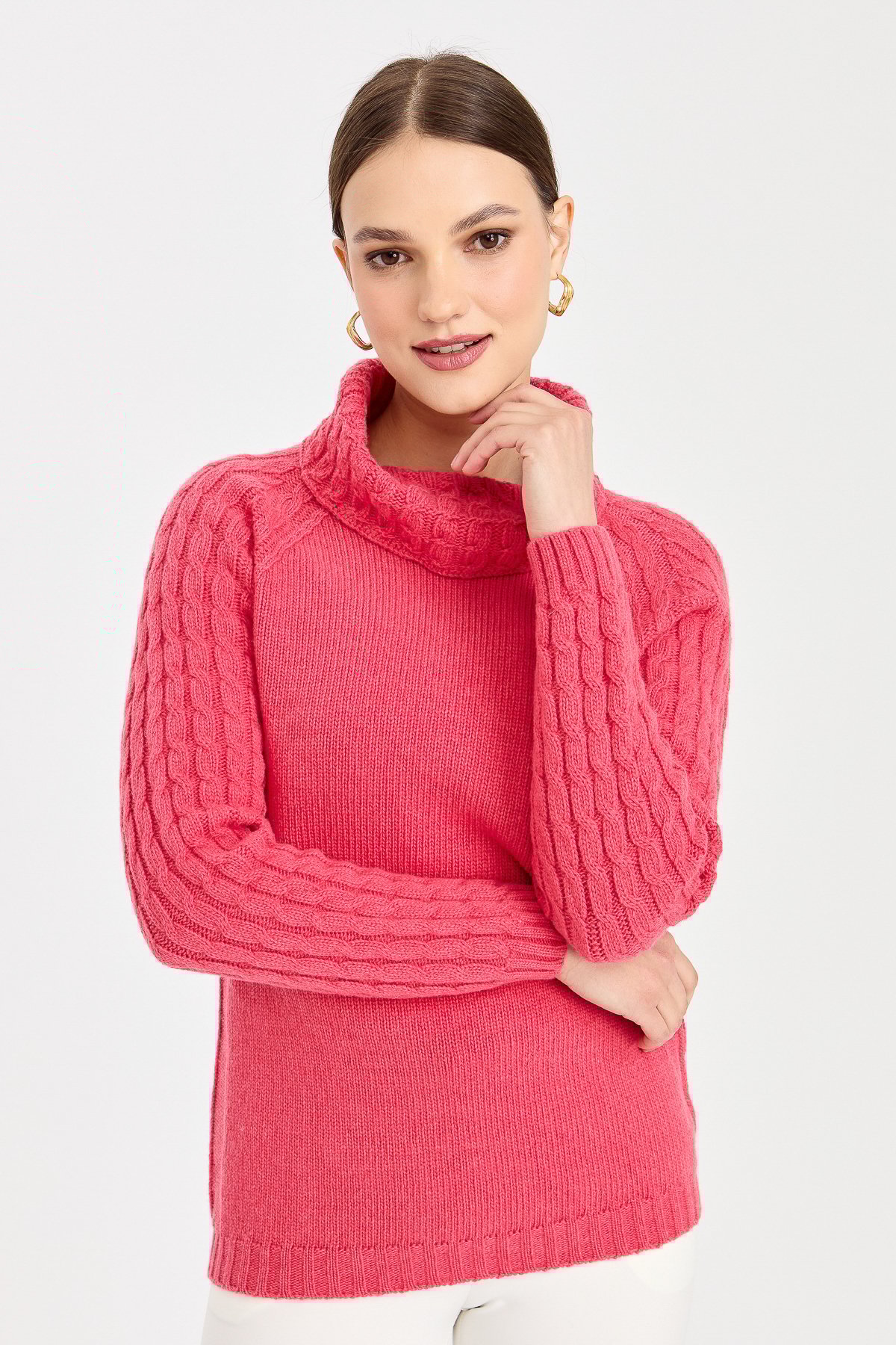 23202Kadın Degaje Yaka Kolu ve Yakası Saç Örgü Yün Kazak Y.Ş.Pembe