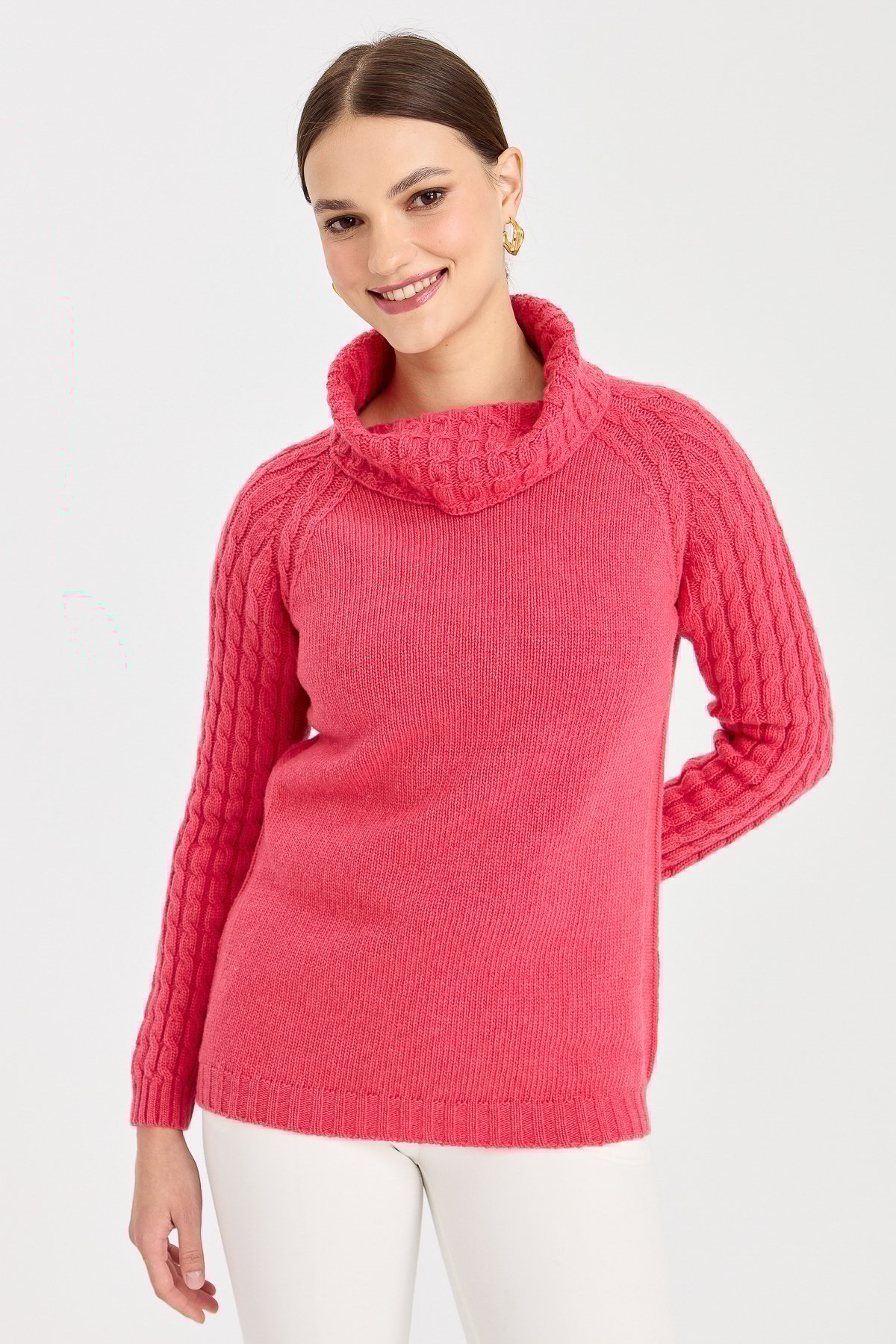 23202Kadın Degaje Yaka Kolu ve Yakası Saç Örgü Yün Kazak Y.Ş.Pembe