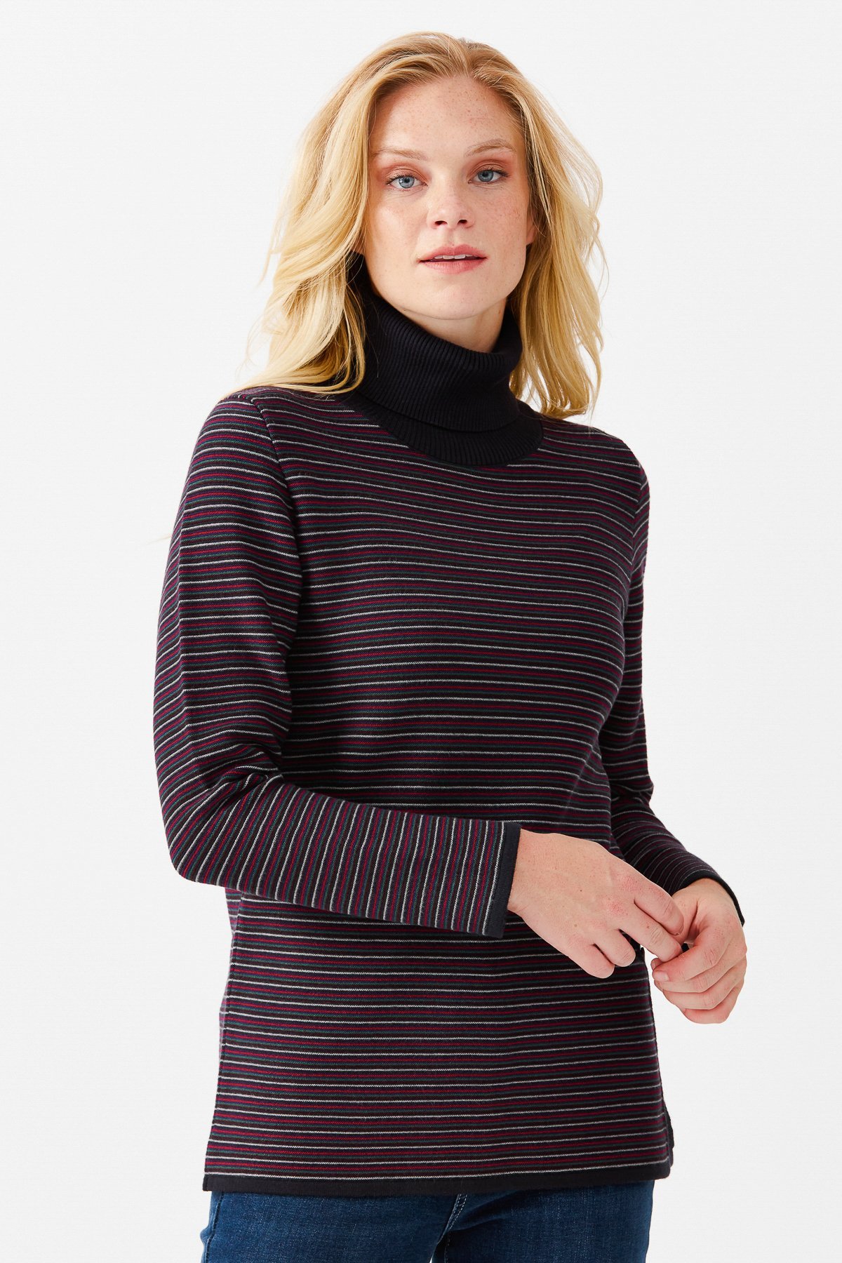 22079Женская туника в цветную полоску, на пуговицах и одним боковым разрезом, синяя