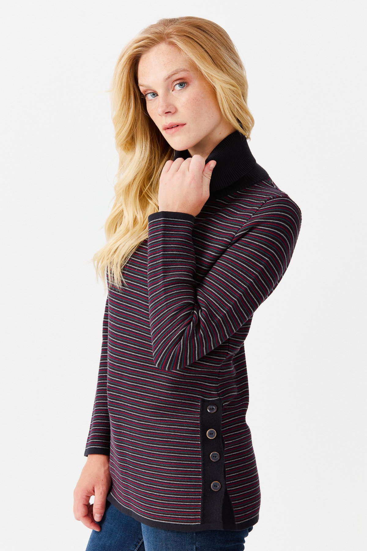 22079Женская туника в цветную полоску, на пуговицах и одним боковым разрезом, синяя