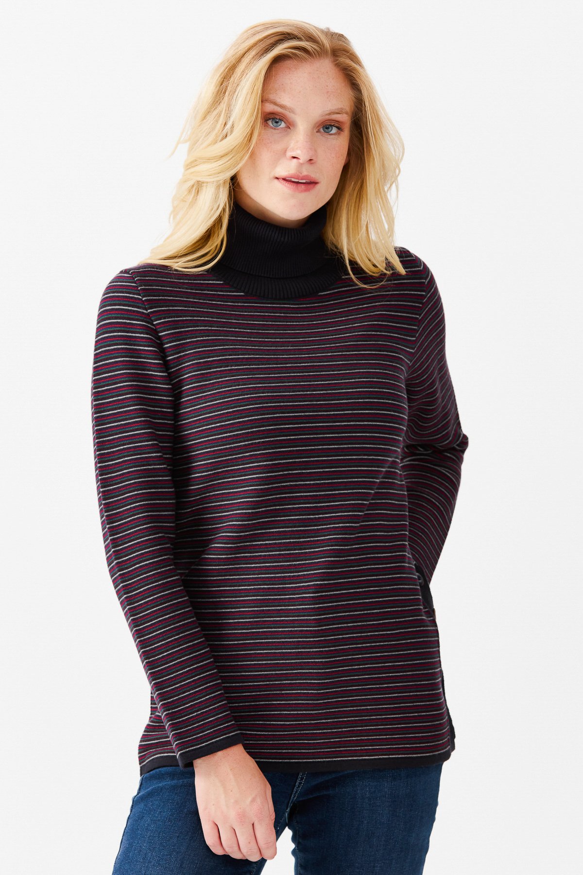 22079Женская туника в цветную полоску, на пуговицах и одним боковым разрезом, синяя