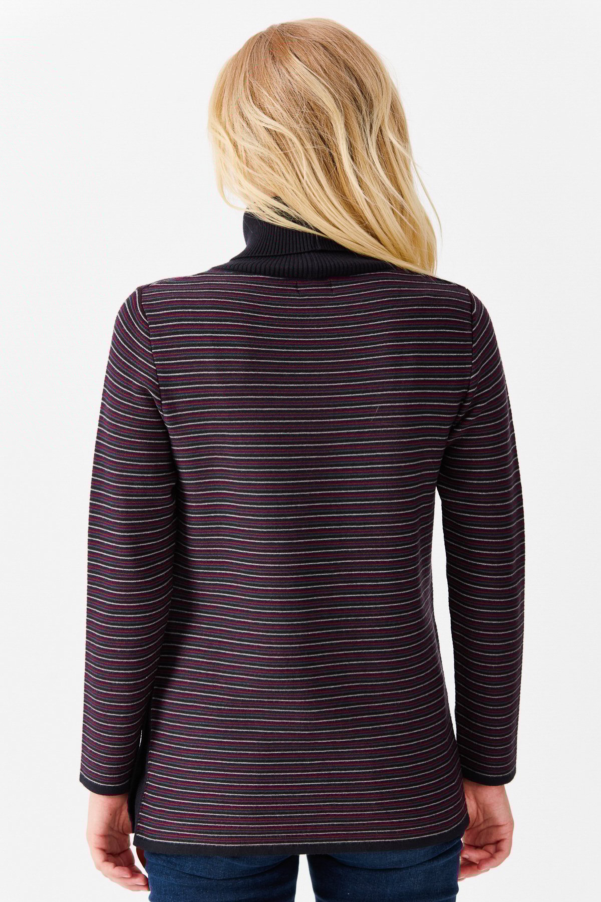 22079Женская туника в цветную полоску, на пуговицах и одним боковым разрезом, синяя