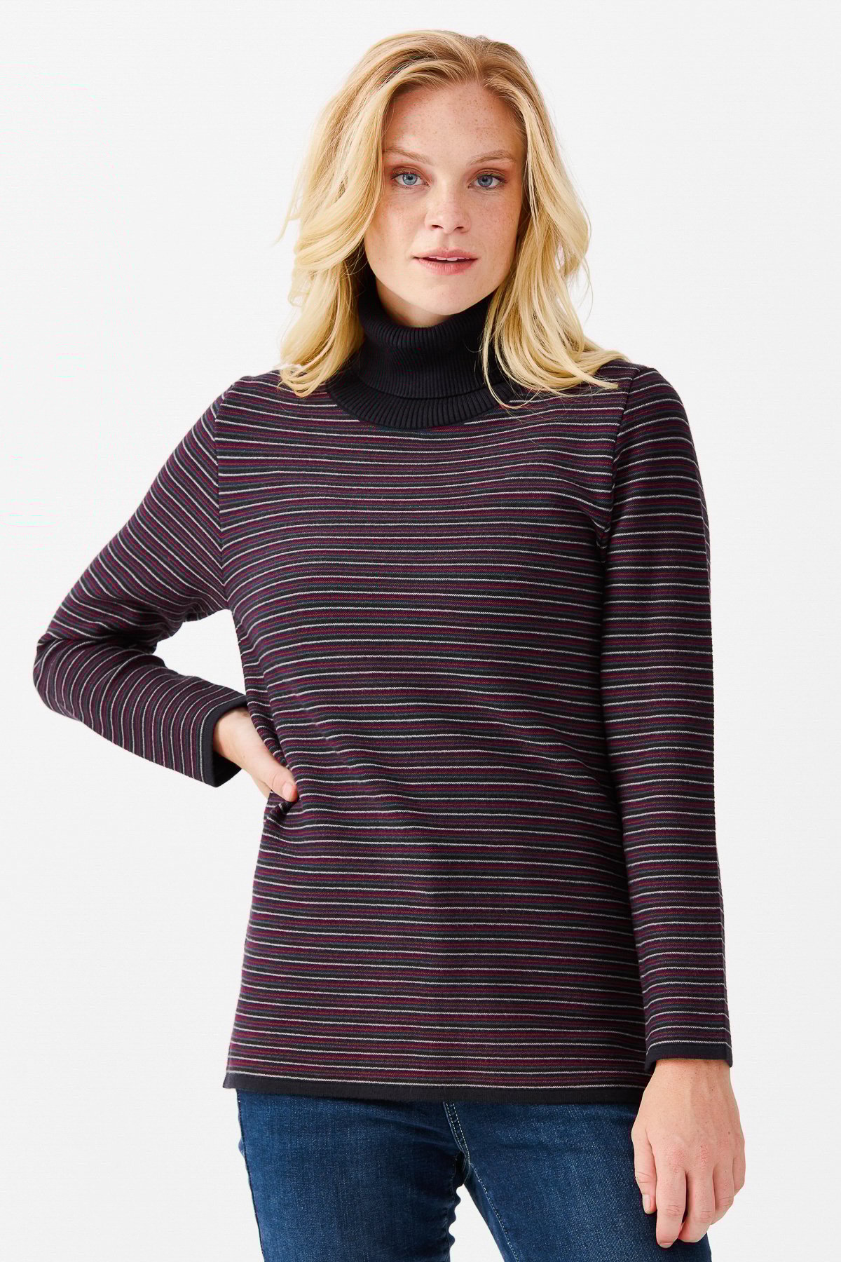 22079Женская туника в цветную полоску, на пуговицах и одним боковым разрезом, синяя