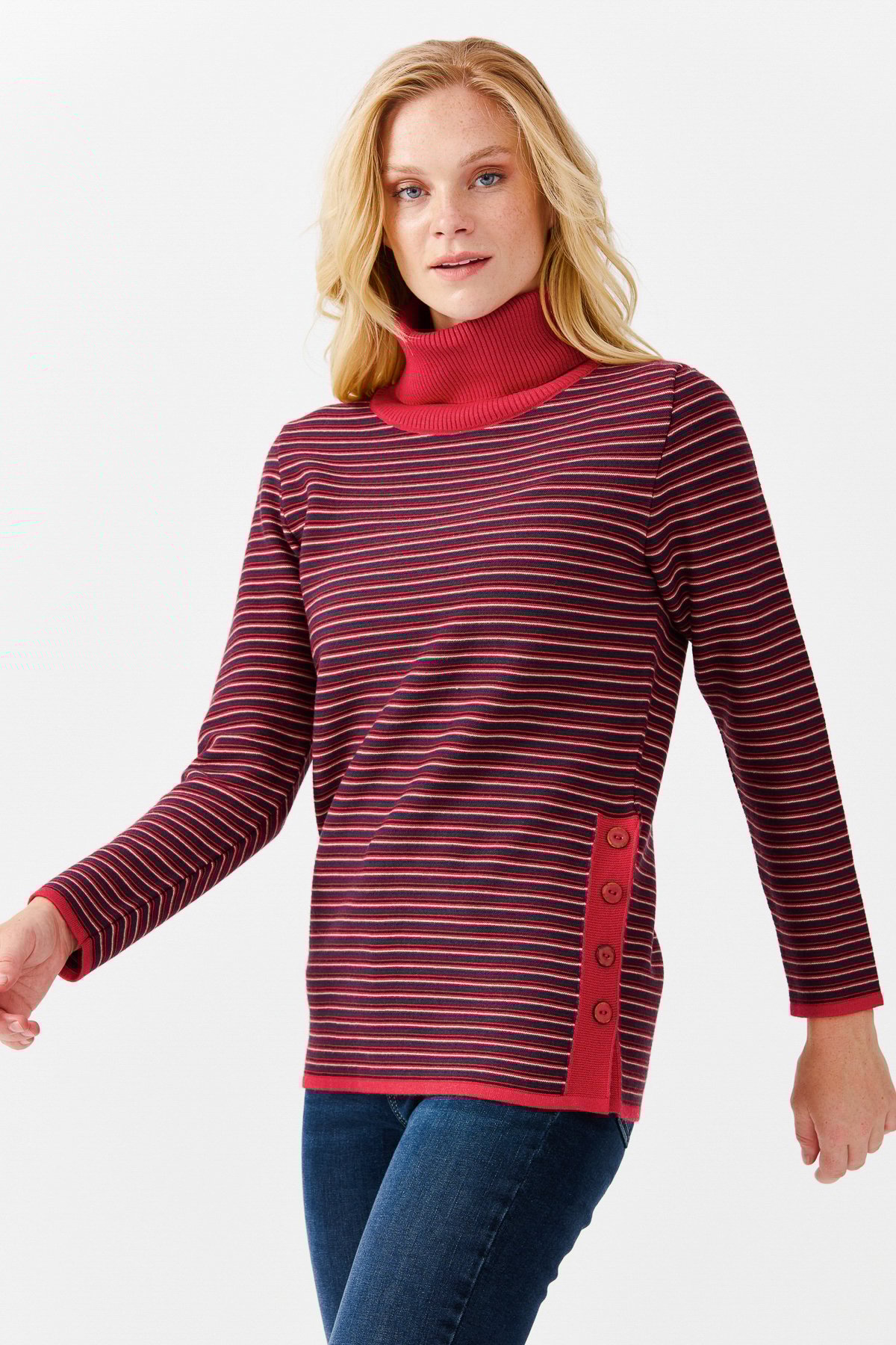 22079Женская туника в цветную полоску, на пуговицах и одним боковым разрезом, красная