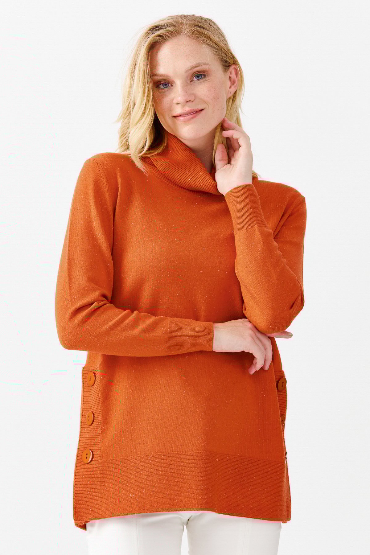 22362Женская туника с вырезом хомут и люрексом оранжевая 