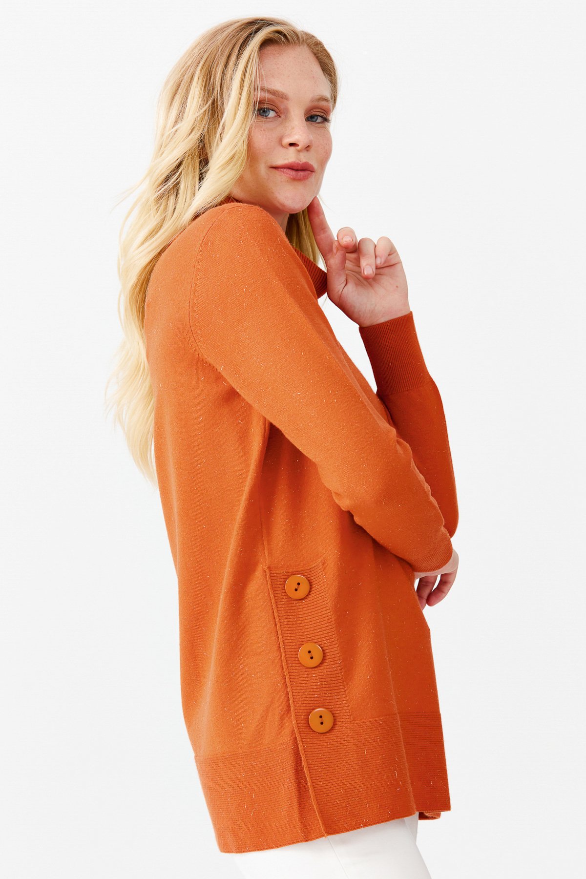 22362Женская туника с вырезом хомут и люрексом оранжевая 