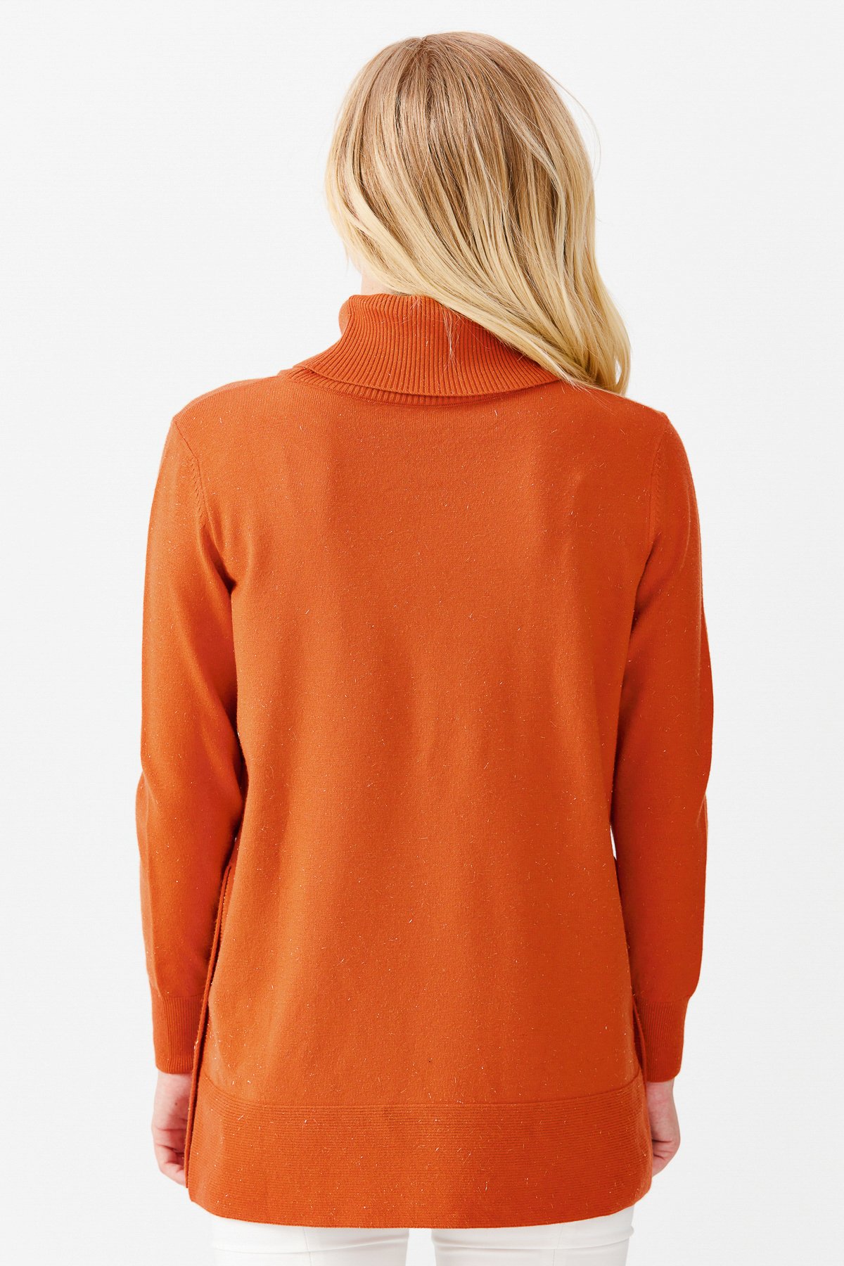 22362Женская туника с вырезом хомут и люрексом оранжевая 