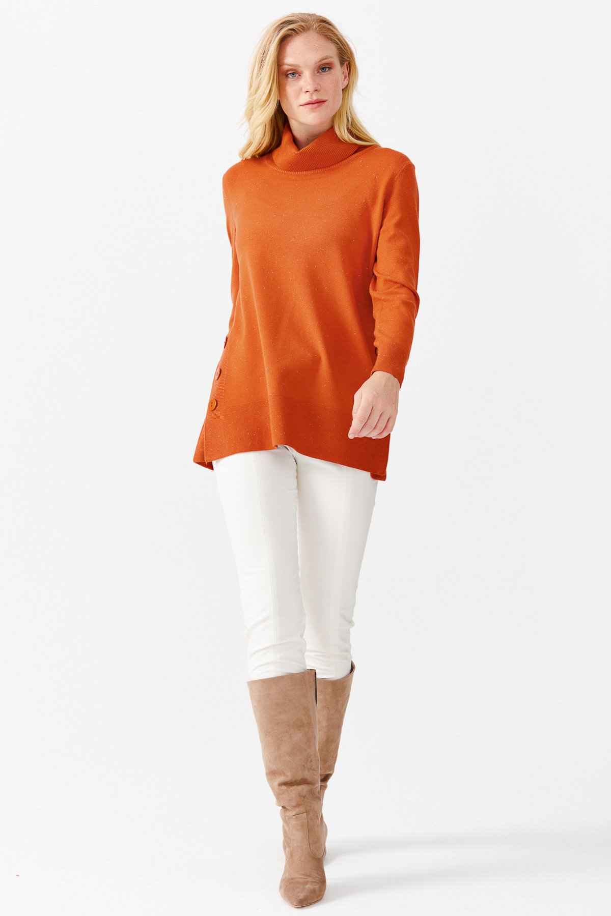 22362Женская туника с вырезом хомут и люрексом оранжевая 