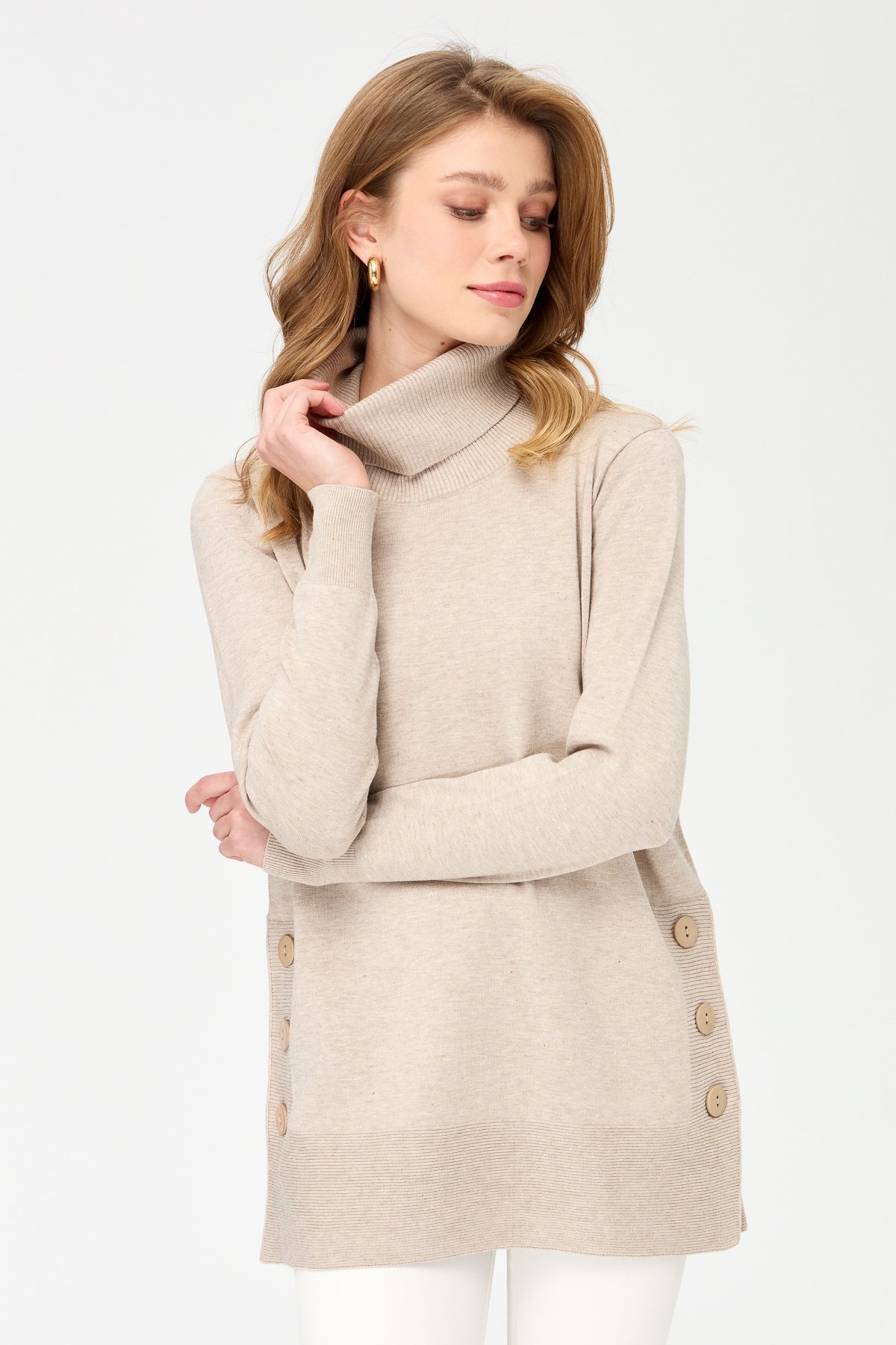 22362Kadın Degaje Yaka Simli Tunik Bej/Melanj