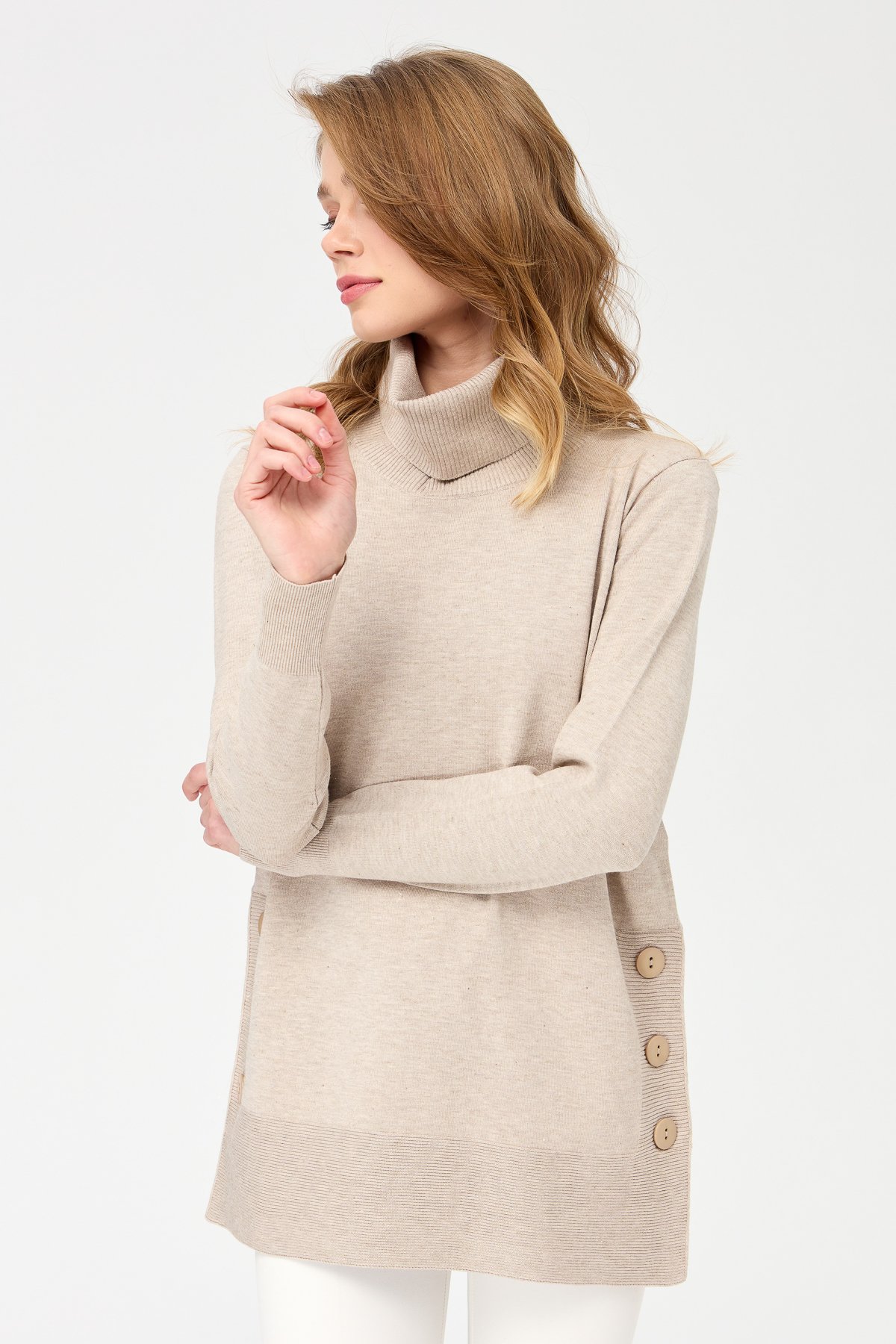 22362Kadın Degaje Yaka Simli Tunik Bej/Melanj