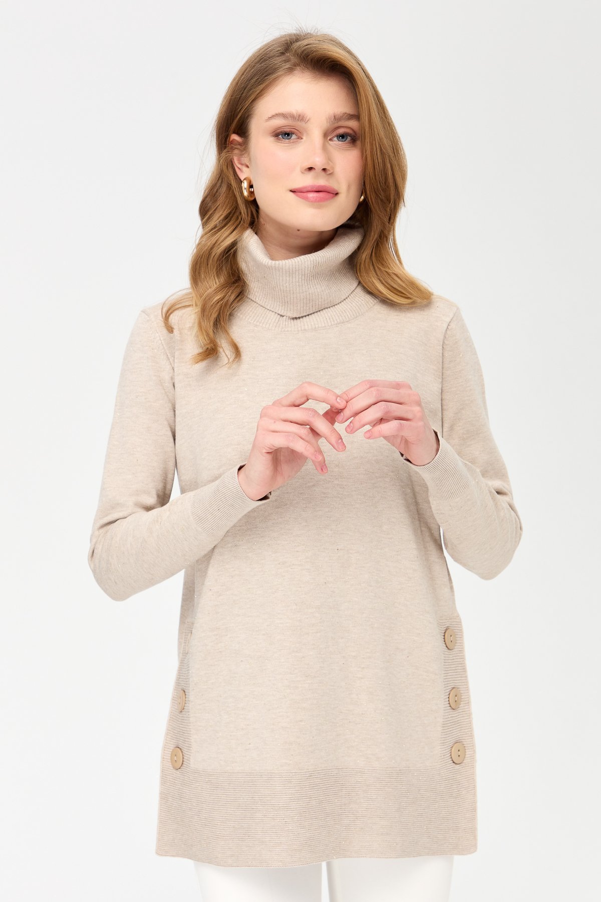 22362Kadın Degaje Yaka Simli Tunik Bej/Melanj