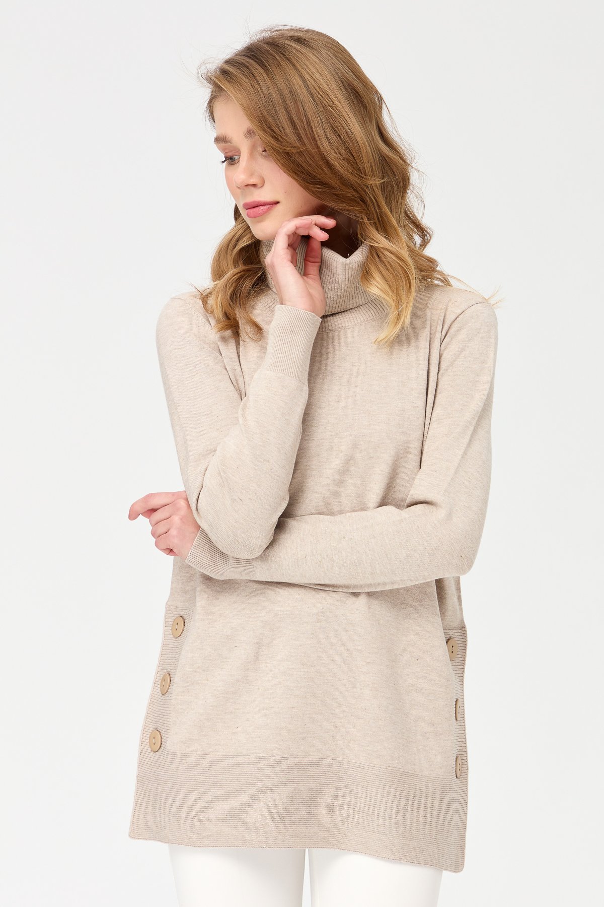 22362Kadın Degaje Yaka Simli Tunik Bej/Melanj