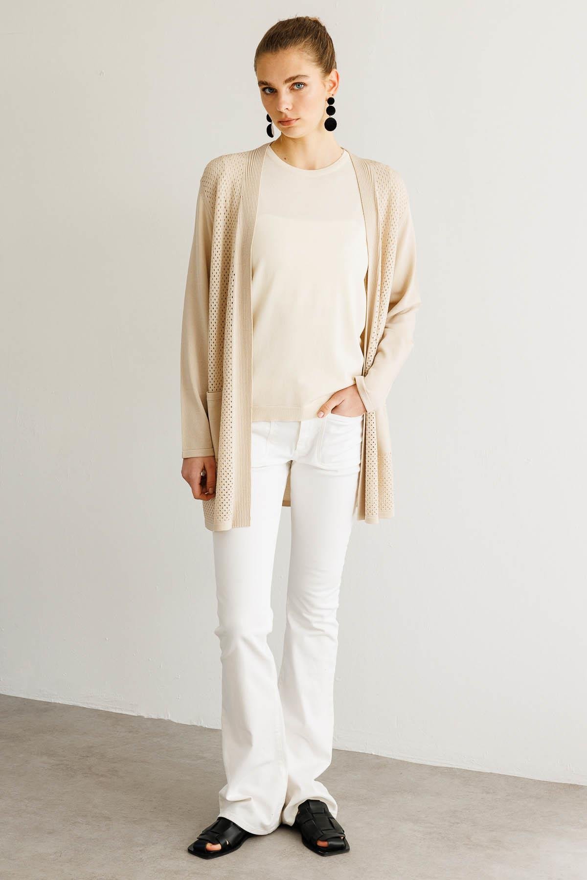 25352Kadın Delikli Araboy Yazlık Triko Hırka Bej