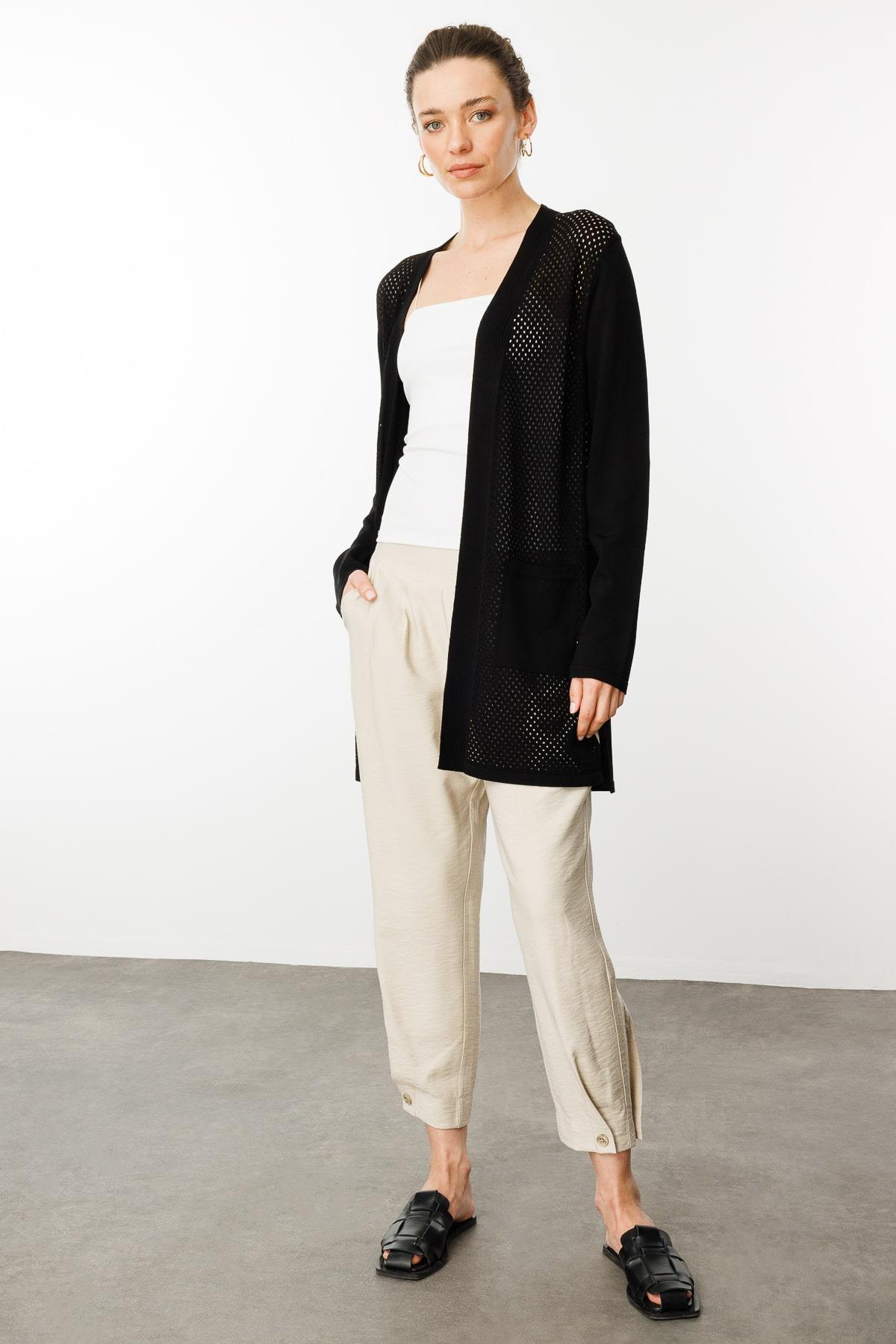 25352Kadın Delikli Araboy Yazlık Triko Hırka Siyah